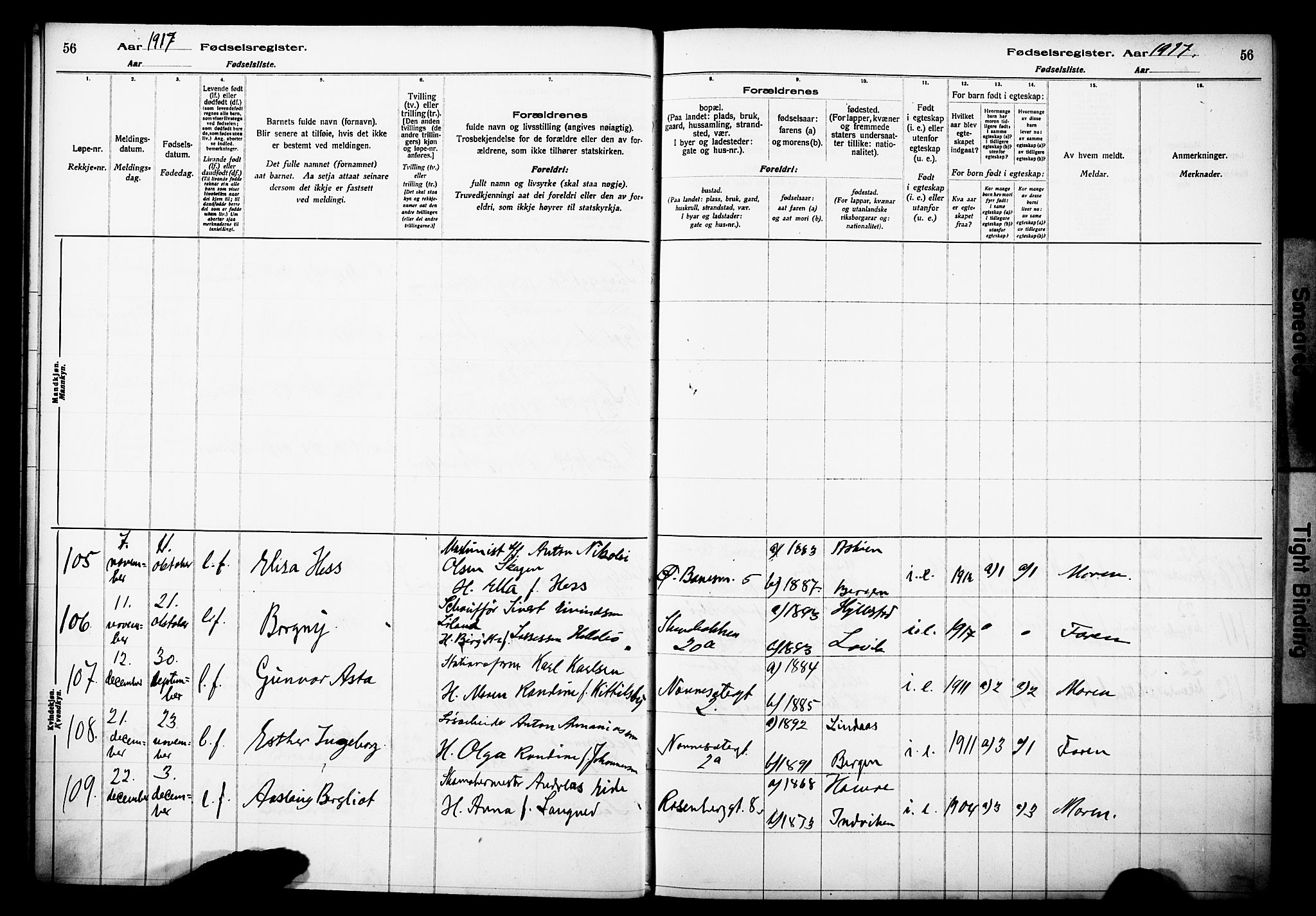 Domkirken sokneprestembete, AV/SAB-A-74801/I/Id/L00A1: Birth register no. A 1, 1916-1923, p. 56