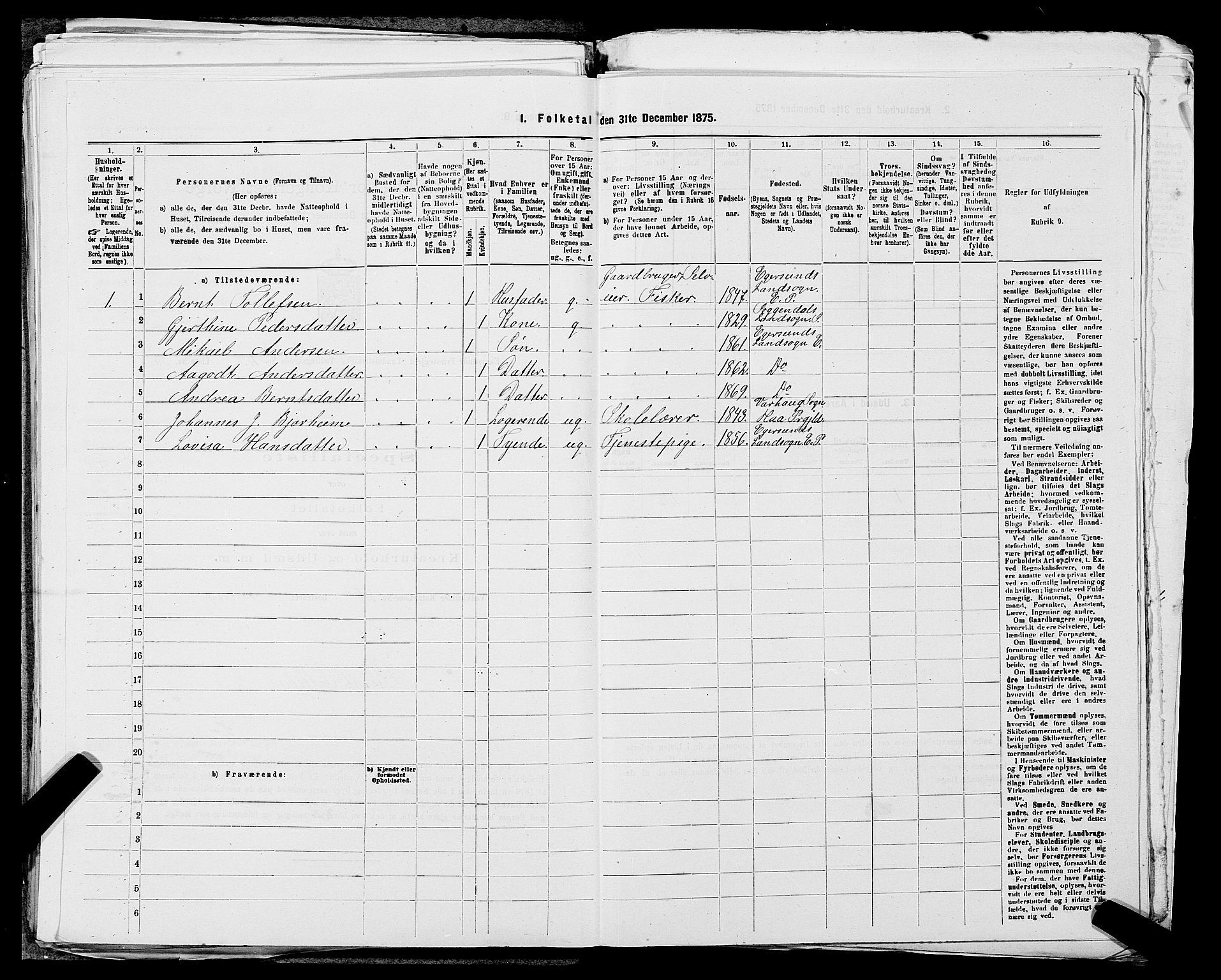 SAST, 1875 census for 1116L Eigersund/Eigersund og Ogna, 1875, p. 323