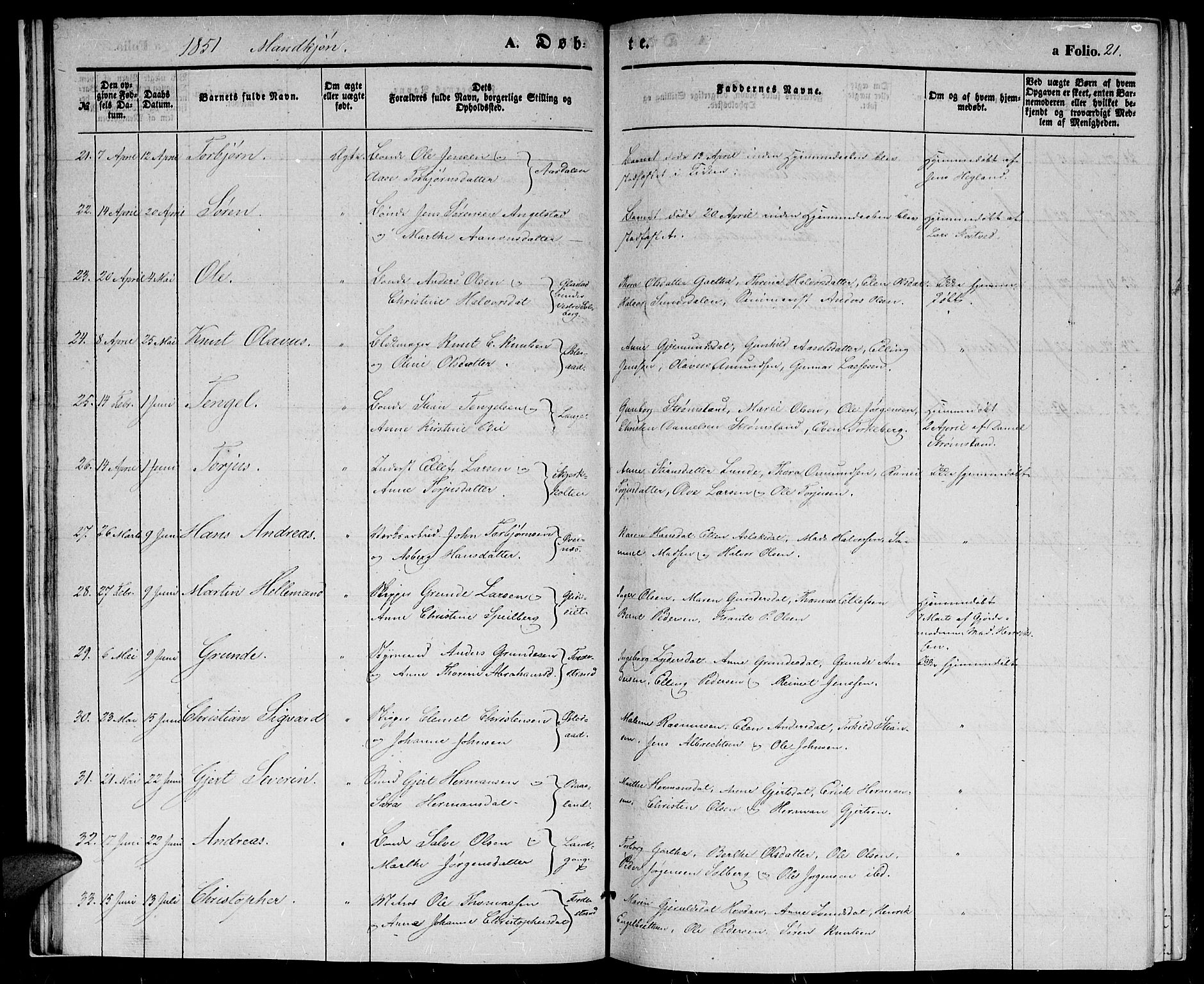 Holt sokneprestkontor, AV/SAK-1111-0021/F/Fb/L0007: Parish register (copy) no. B 7, 1849-1858, p. 21