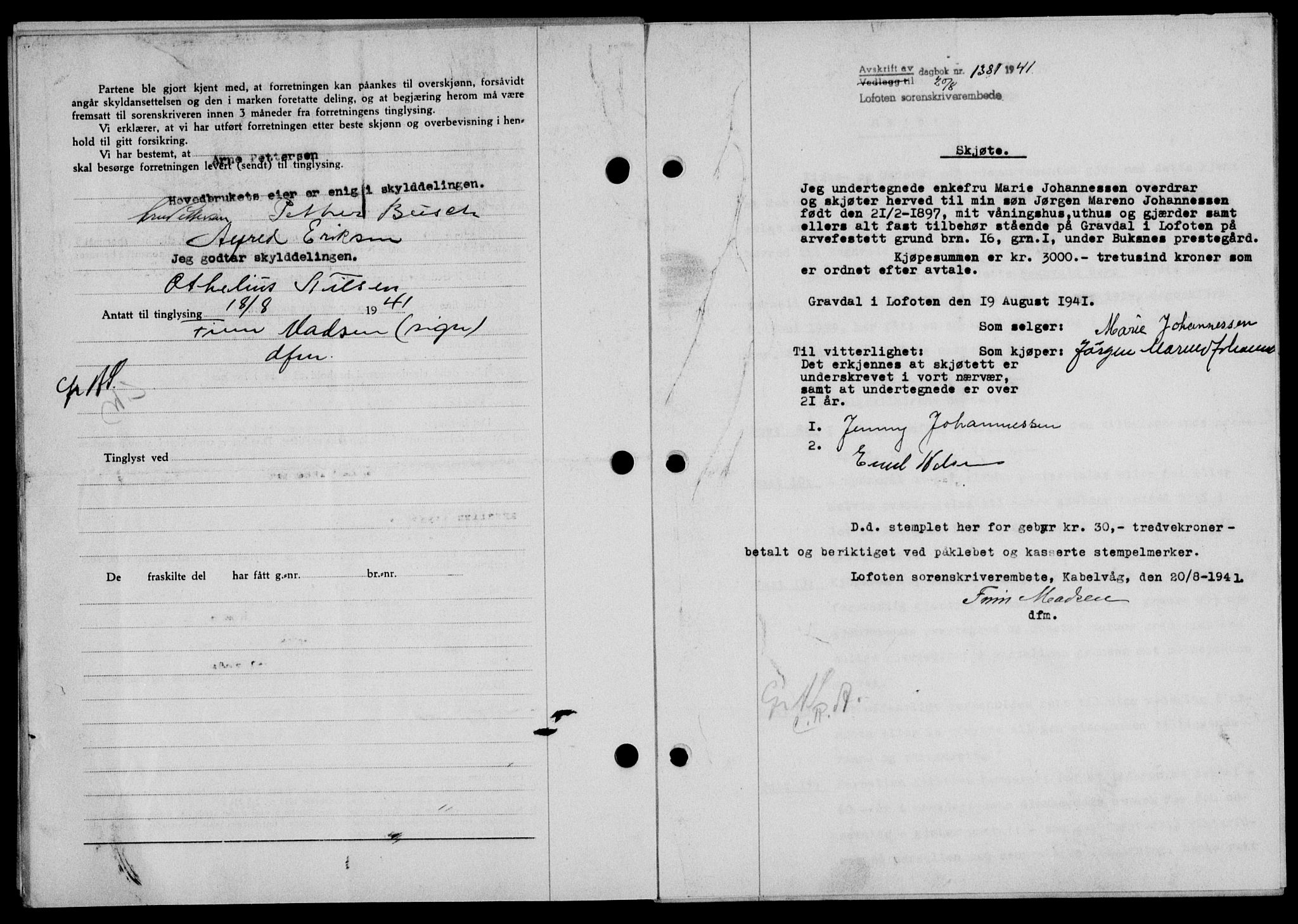 Lofoten sorenskriveri, SAT/A-0017/1/2/2C/L0008a: Mortgage book no. 8a, 1940-1941, Diary no: : 1381/1941