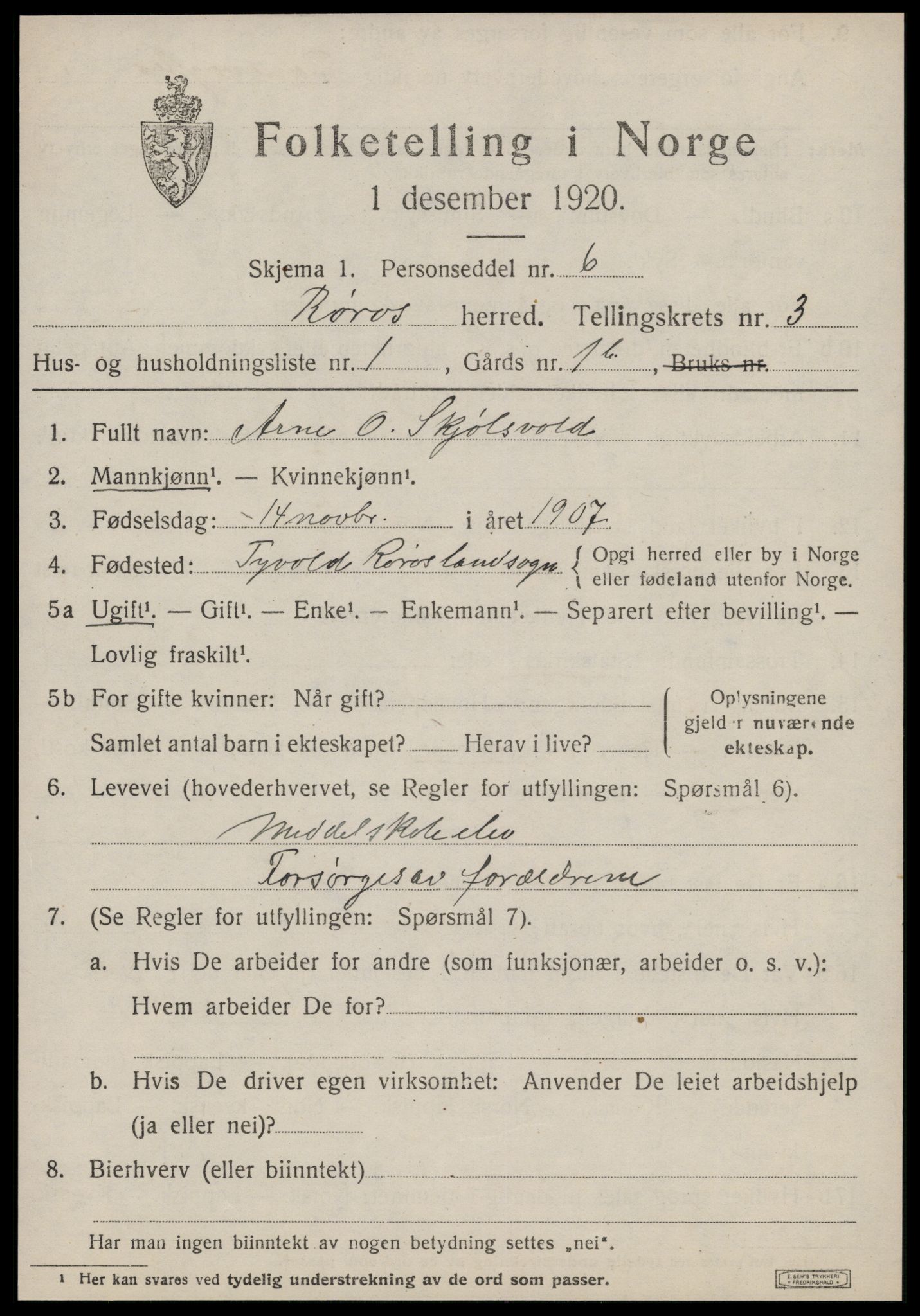 SAT, 1920 census for Røros, 1920, p. 3910