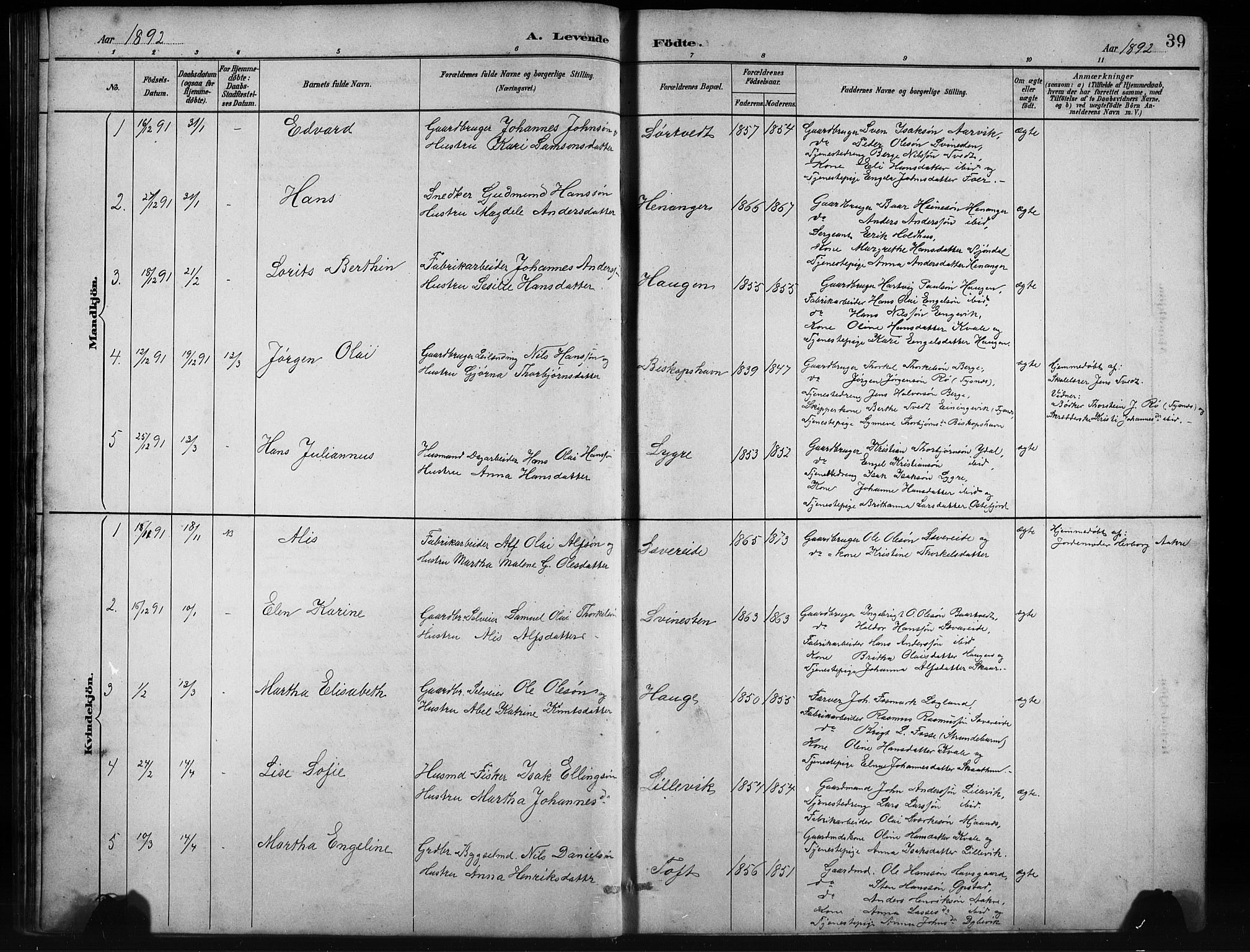 Fusa sokneprestembete, SAB/A-75401/H/Hab: Parish register (copy) no. C 2, 1886-1926, p. 39