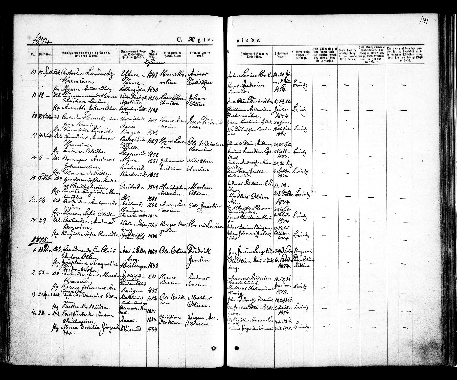 Skiptvet prestekontor Kirkebøker, SAO/A-20009/F/Fa/L0008: Parish register (official) no. 8, 1867-1877, p. 141