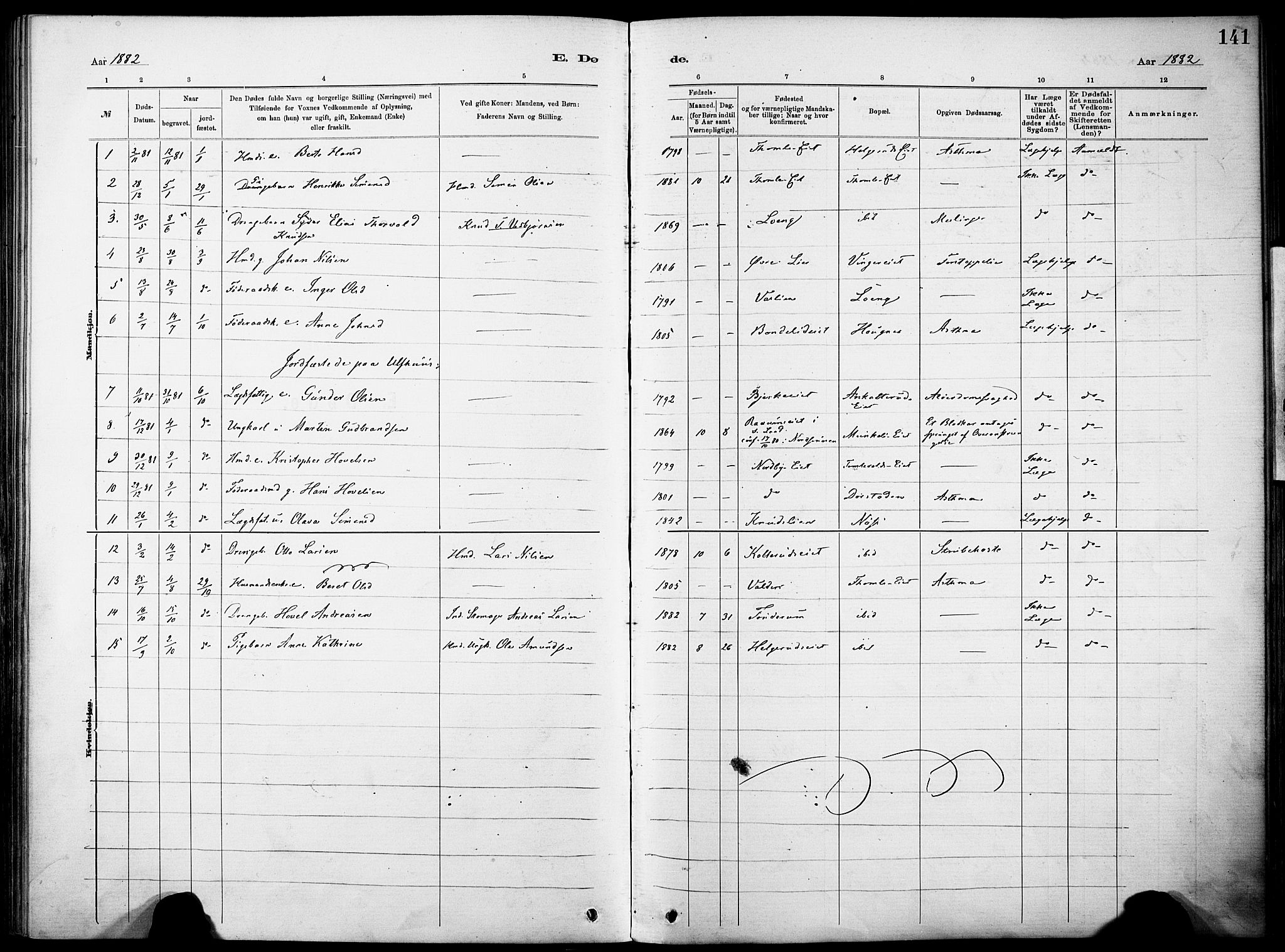 Nordre Land prestekontor, AV/SAH-PREST-124/H/Ha/Haa/L0005: Parish register (official) no. 5, 1882-1903, p. 141