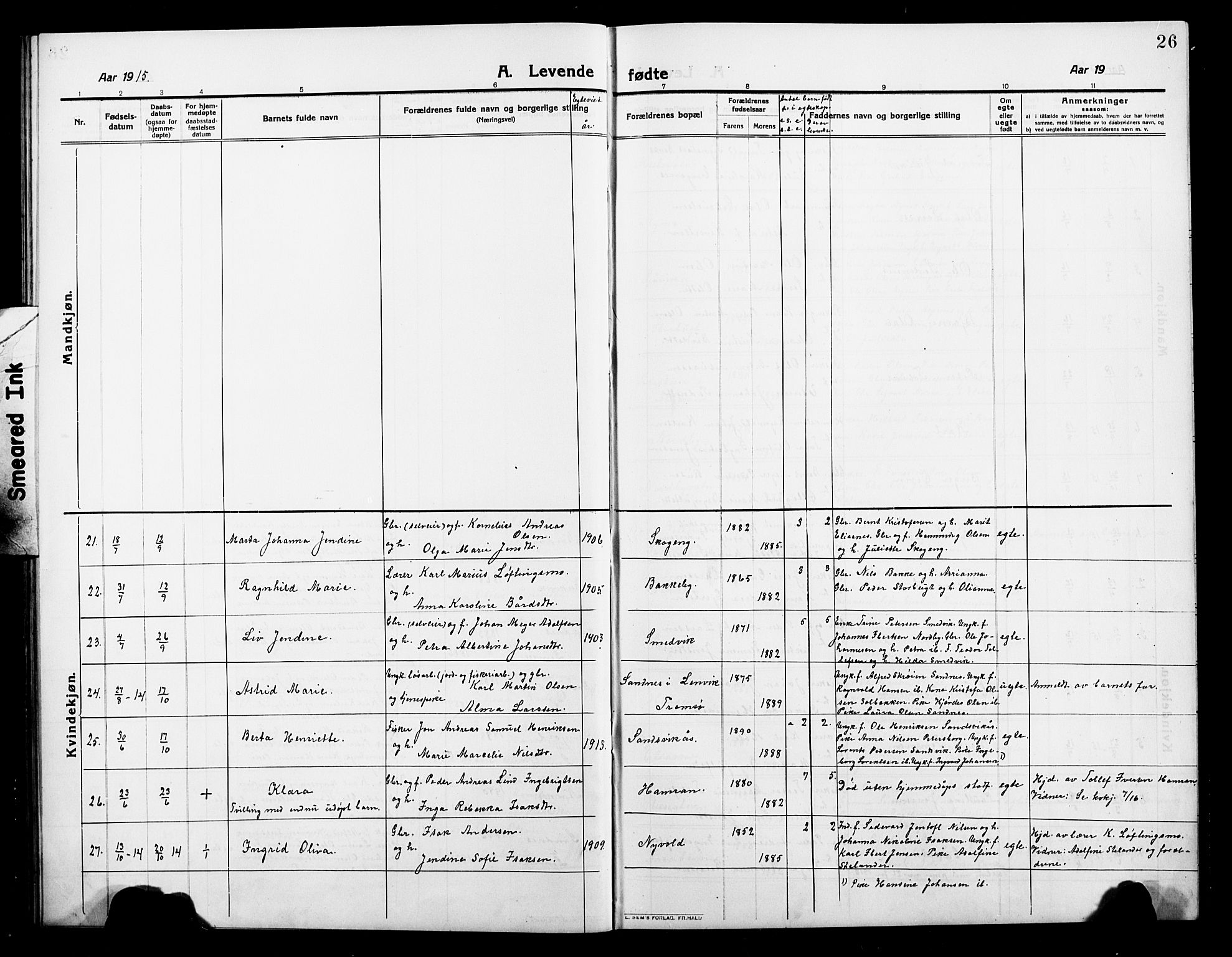 Balsfjord sokneprestembete, AV/SATØ-S-1303/G/Gab/L0004klokker: Parish register (copy) no. 4, 1910-1926, p. 26