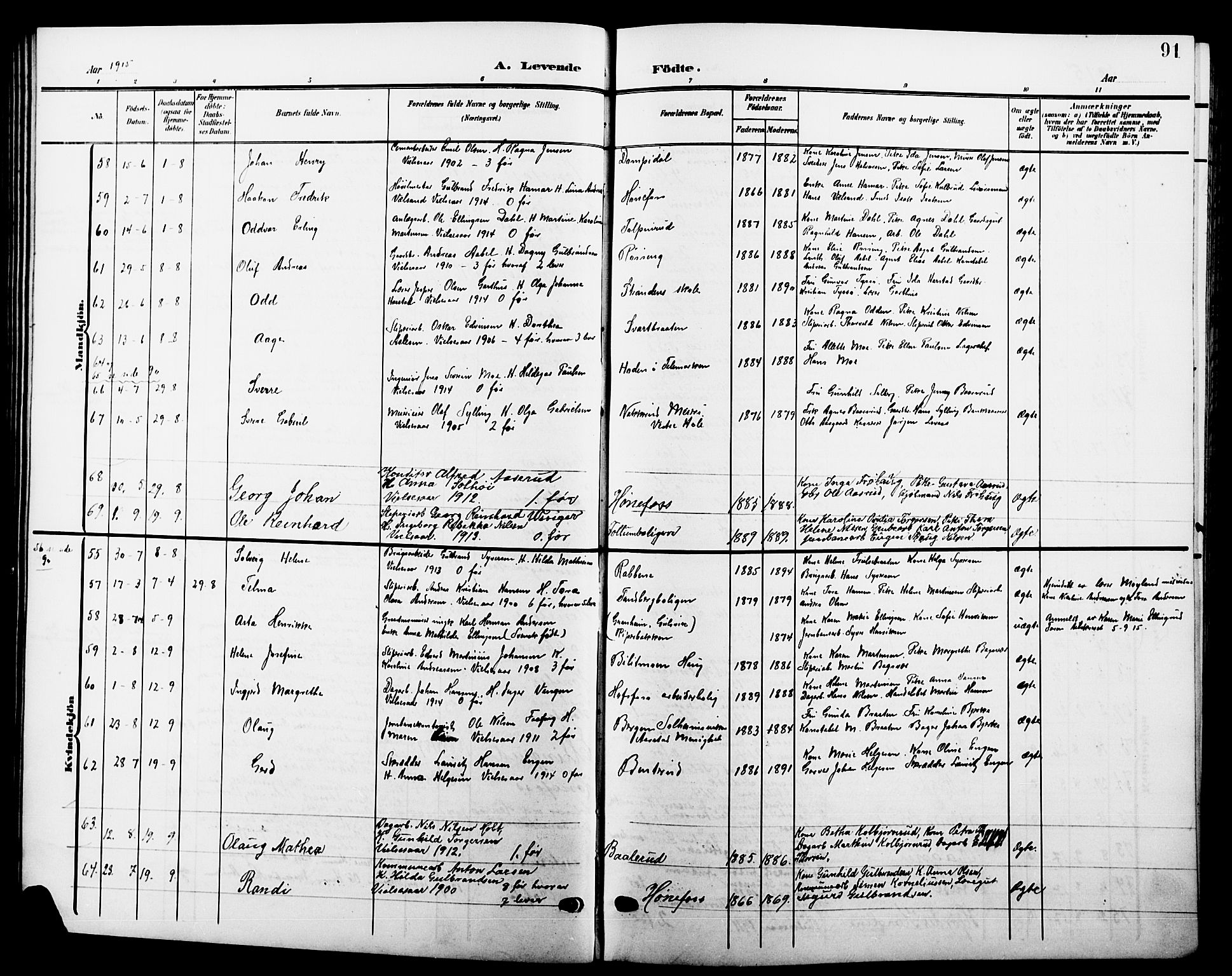 Hønefoss kirkebøker, AV/SAKO-A-609/G/Ga/L0003: Parish register (copy) no. 3, 1905-1925, p. 91