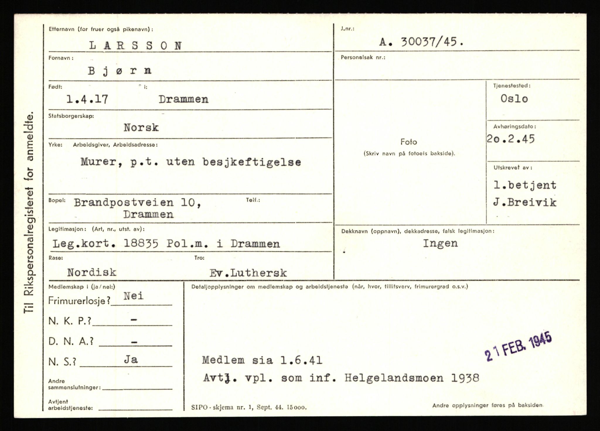 Statspolitiet - Hovedkontoret / Osloavdelingen, AV/RA-S-1329/C/Ca/L0009: Knutsen - Limstrand, 1943-1945, p. 3967