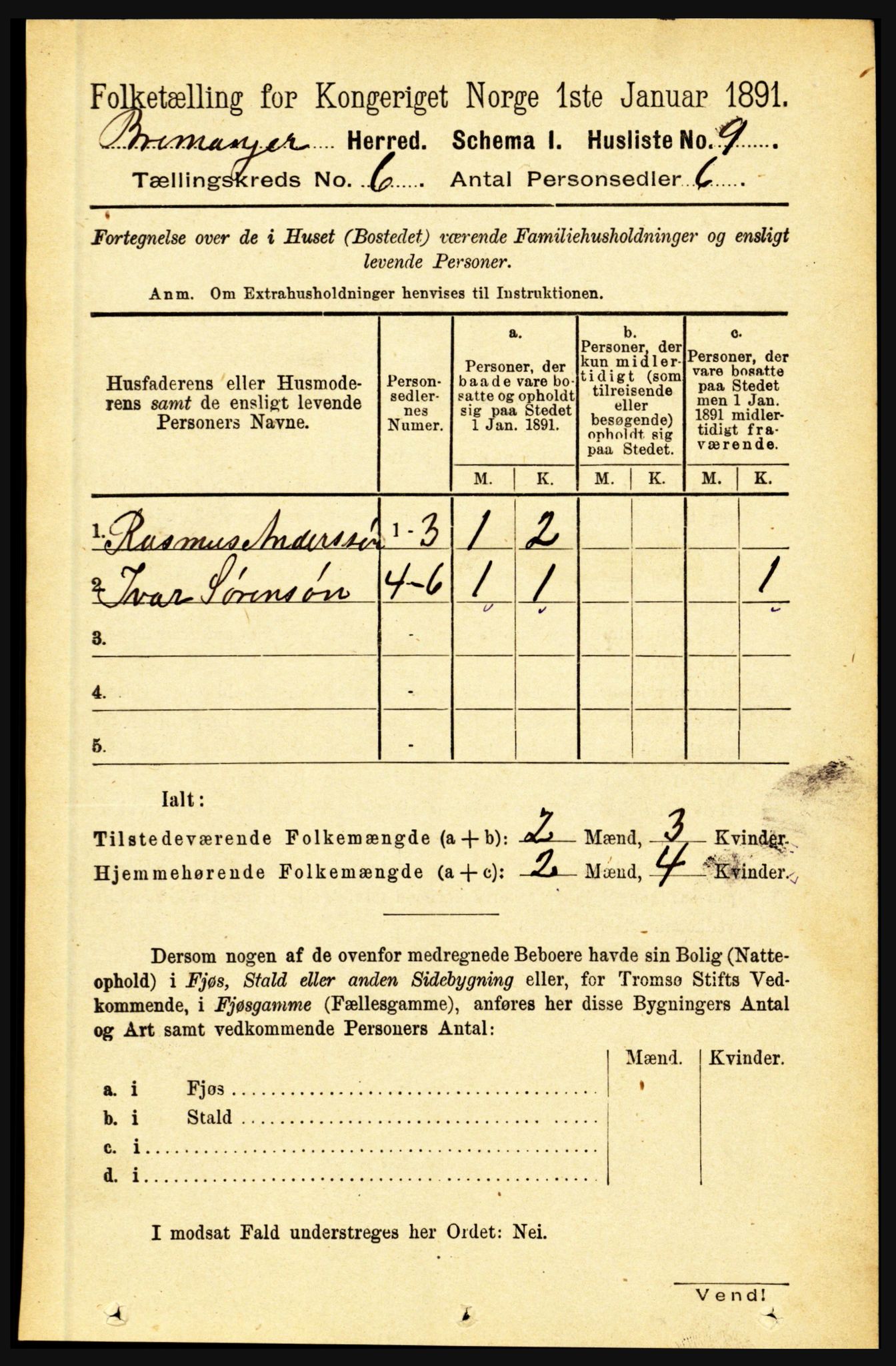 RA, 1891 census for 1438 Bremanger, 1891, p. 2335