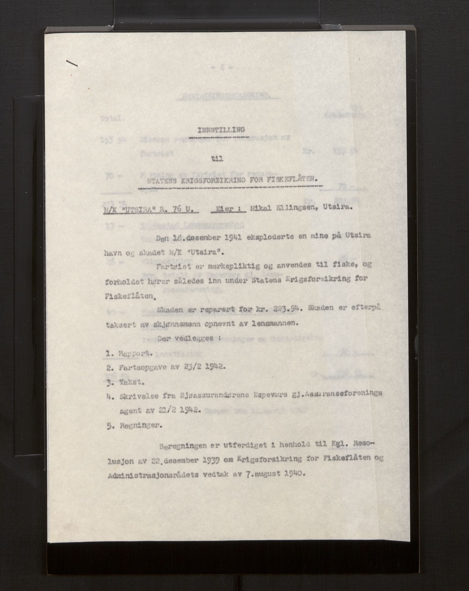 Fiskeridirektoratet - 1 Adm. ledelse - 13 Båtkontoret, AV/SAB-A-2003/La/L0008: Statens krigsforsikring for fiskeflåten, 1936-1971, p. 90