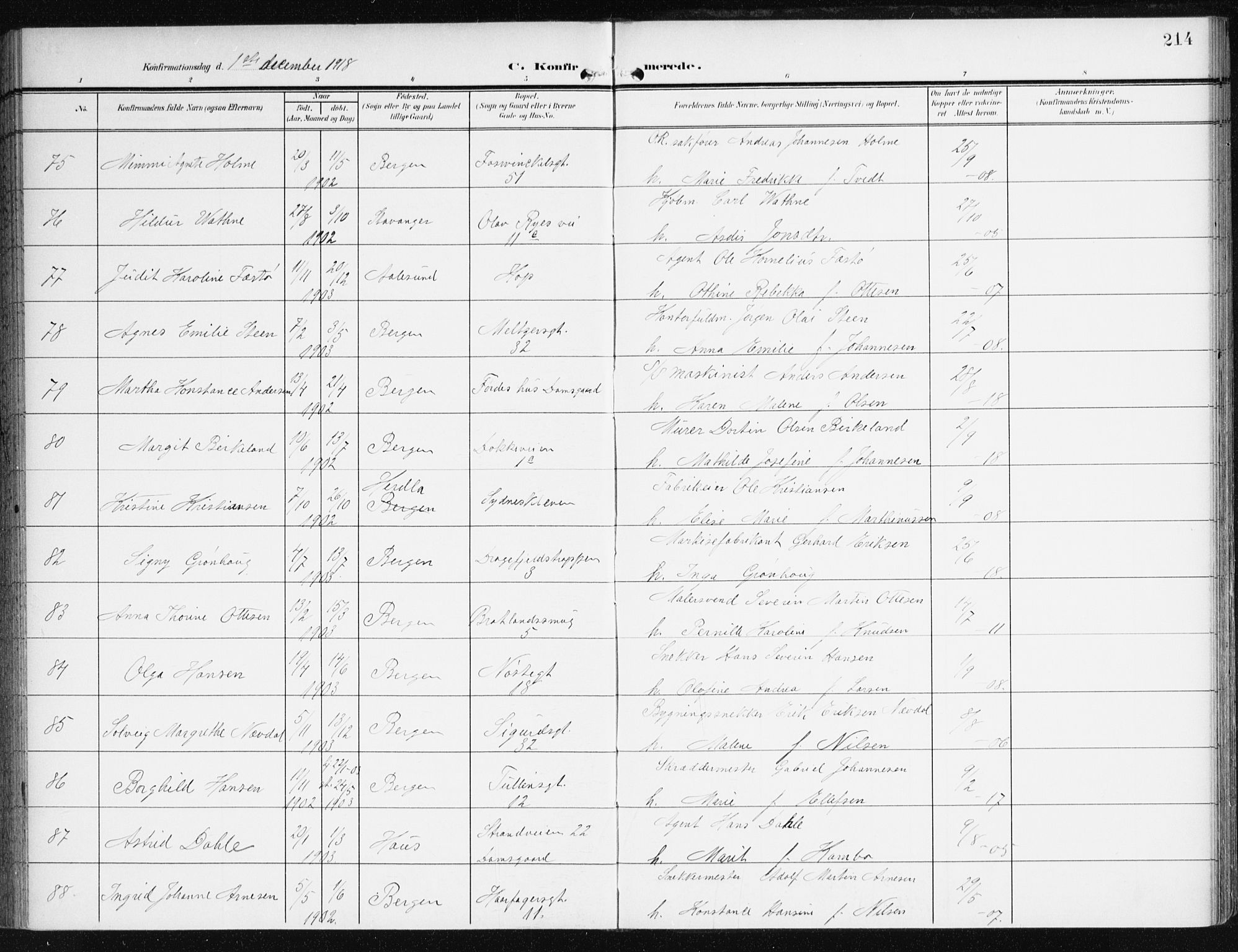 Johanneskirken sokneprestembete, SAB/A-76001/H/Haa/L0009: Parish register (official) no. C 2, 1907-1924, p. 214