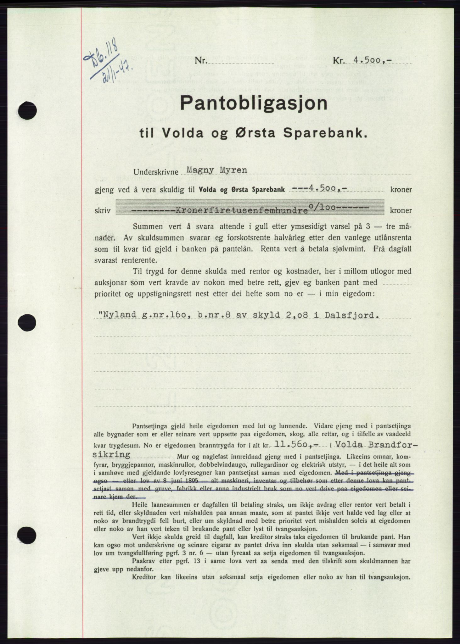 Søre Sunnmøre sorenskriveri, AV/SAT-A-4122/1/2/2C/L0114: Mortgage book no. 1-2B, 1943-1947, Diary no: : 118/1947