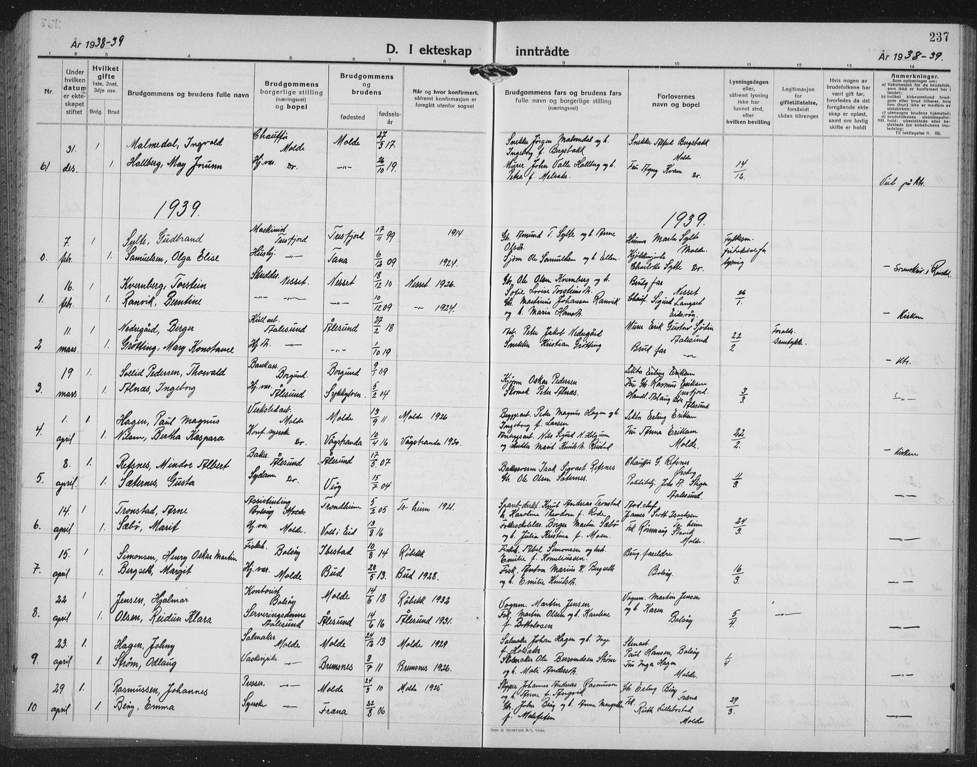 Ministerialprotokoller, klokkerbøker og fødselsregistre - Møre og Romsdal, AV/SAT-A-1454/558/L0704: Parish register (copy) no. 558C05, 1921-1942, p. 237