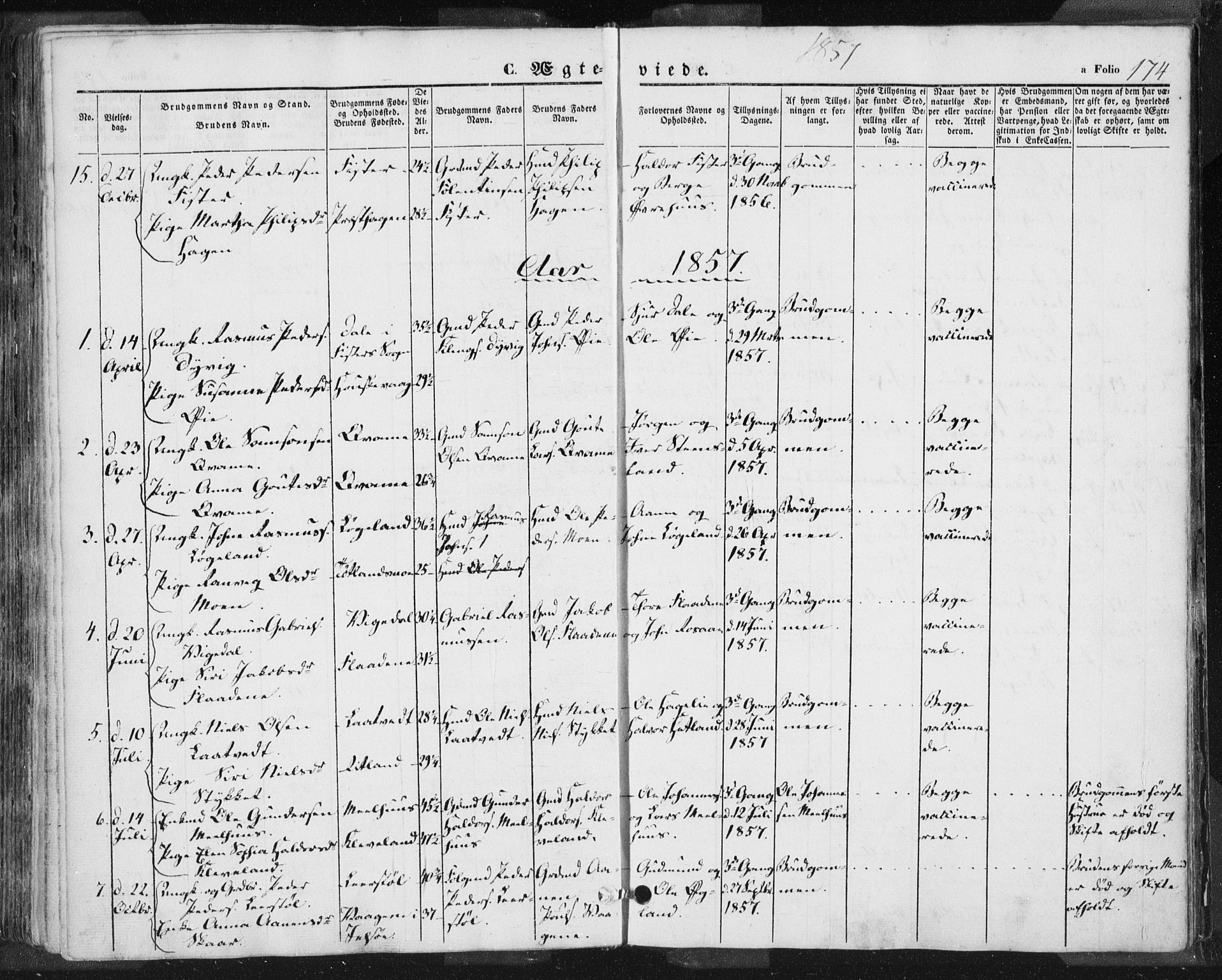 Hjelmeland sokneprestkontor, AV/SAST-A-101843/01/IV/L0009: Parish register (official) no. A 9, 1846-1860, p. 174