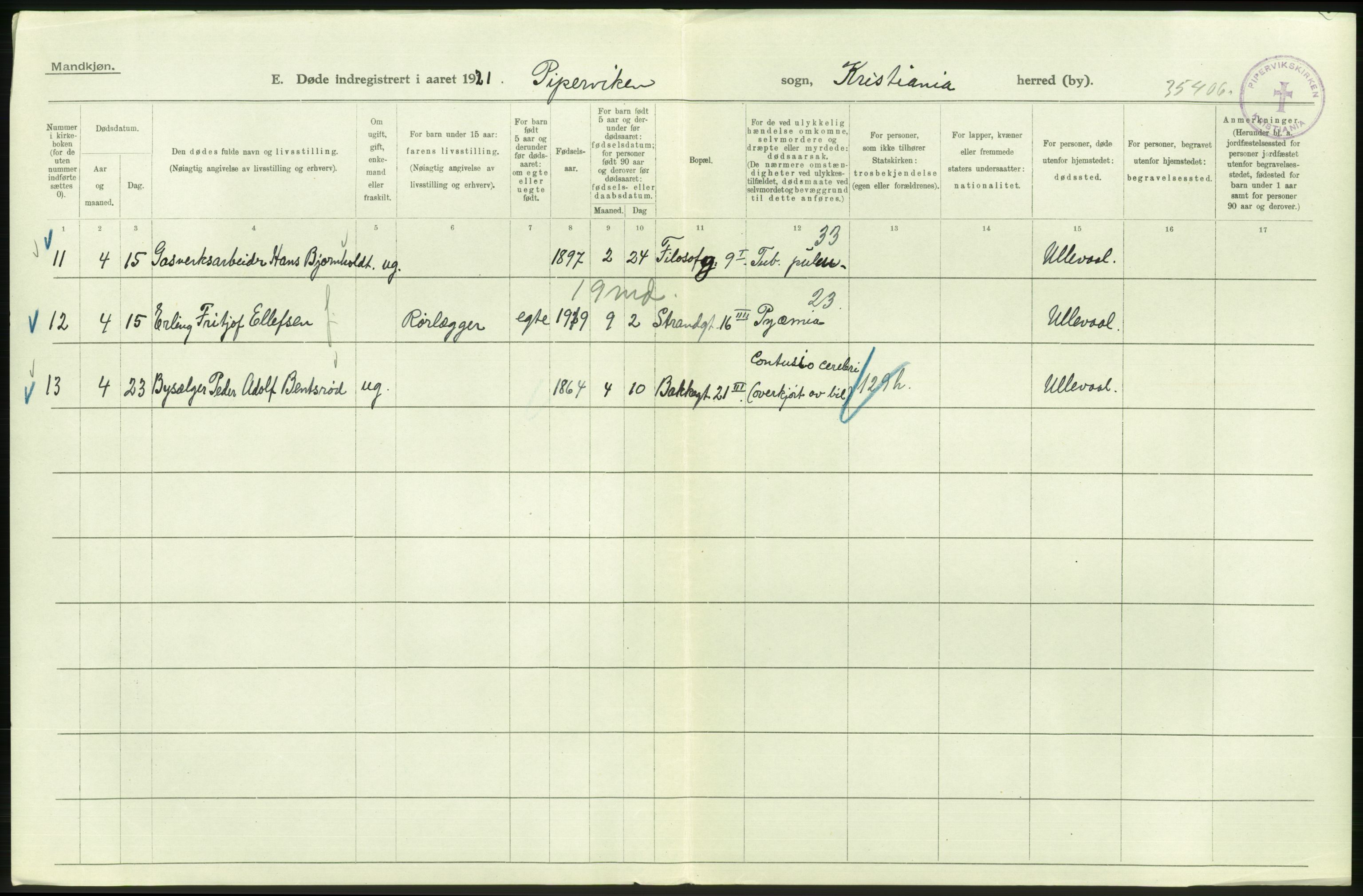 Statistisk sentralbyrå, Sosiodemografiske emner, Befolkning, AV/RA-S-2228/D/Df/Dfc/Dfca/L0013: Kristiania: Døde, dødfødte, 1921, p. 166