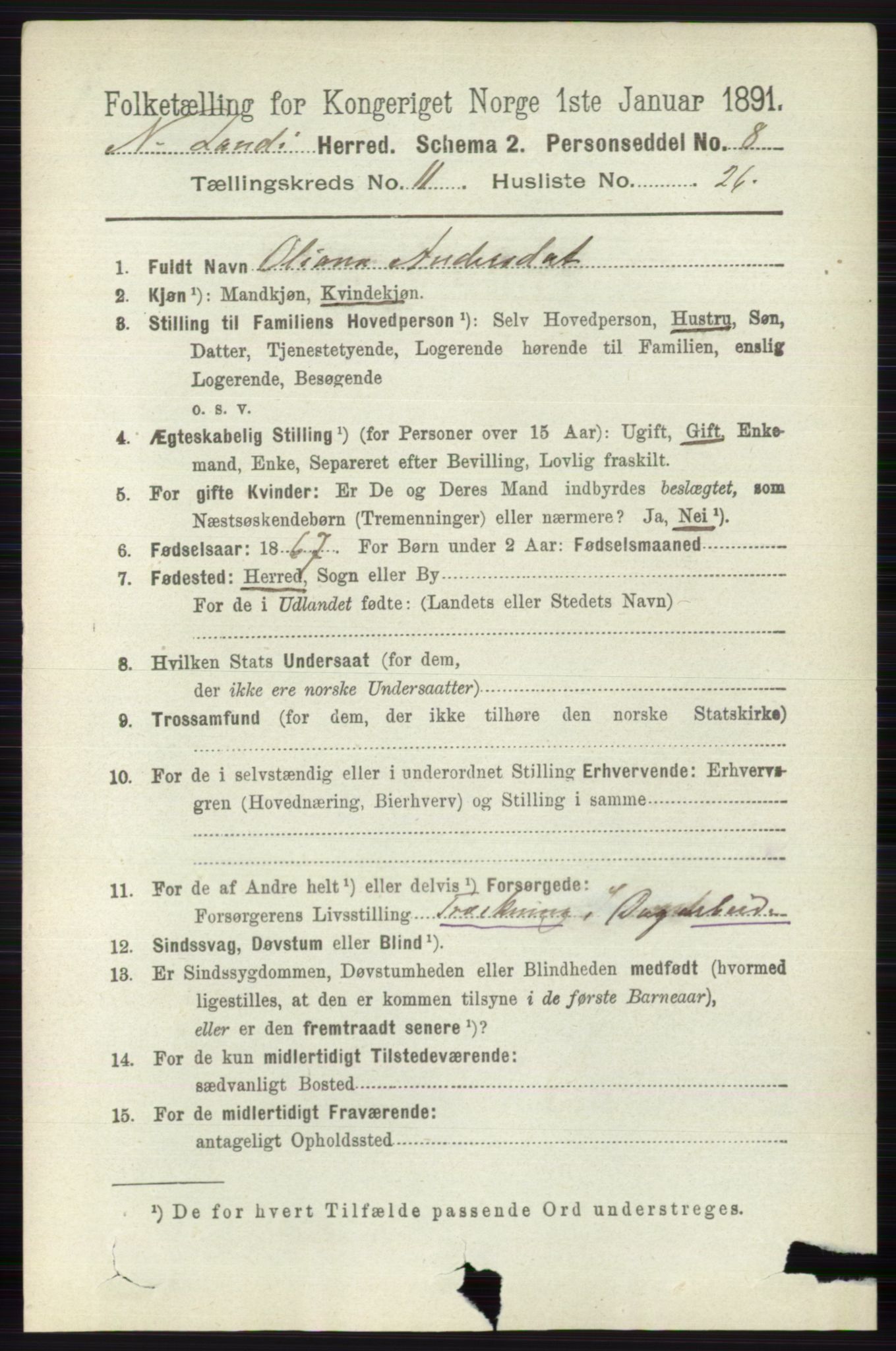 RA, 1891 census for 0538 Nordre Land, 1891, p. 3173