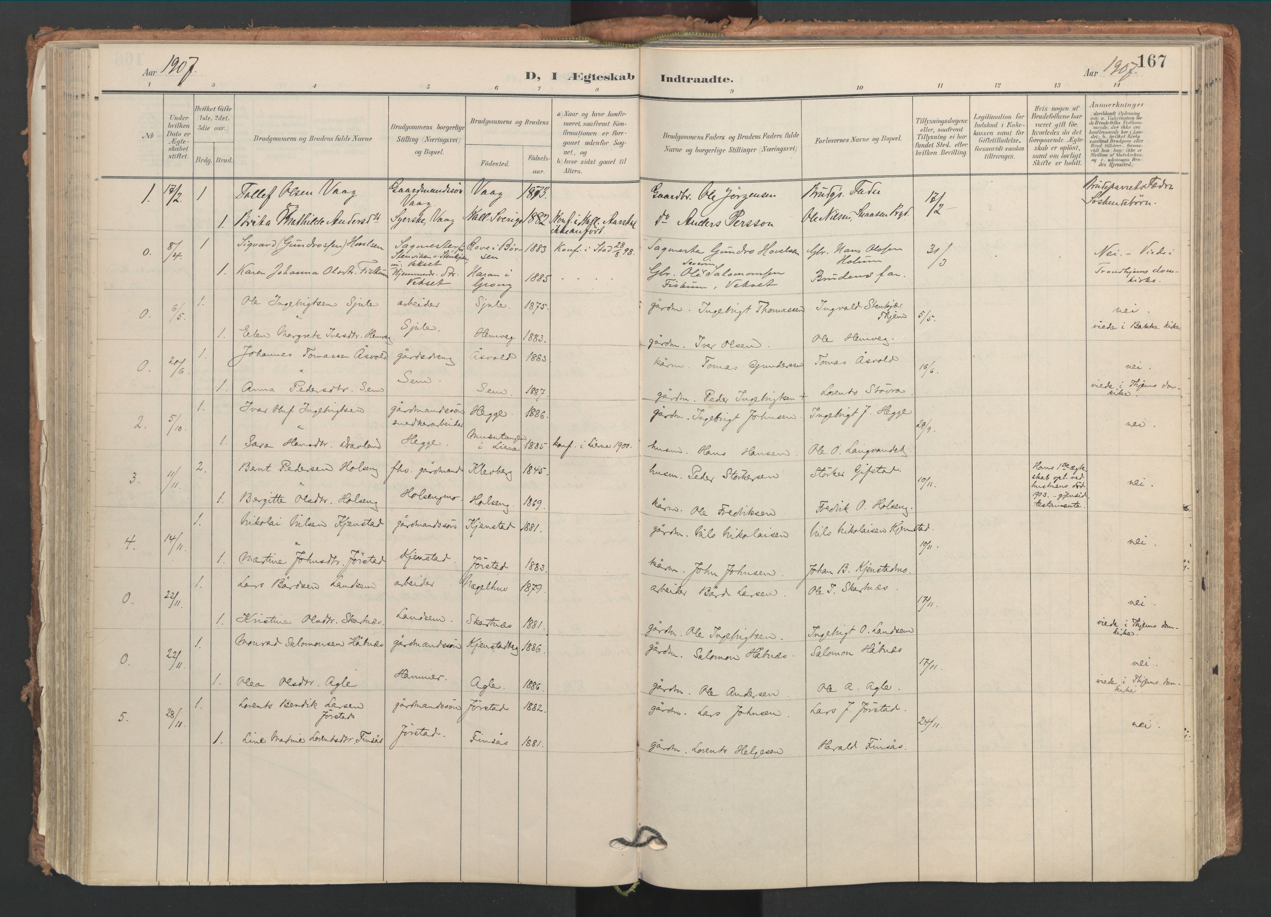 Ministerialprotokoller, klokkerbøker og fødselsregistre - Nord-Trøndelag, AV/SAT-A-1458/749/L0477: Parish register (official) no. 749A11, 1902-1927, p. 167