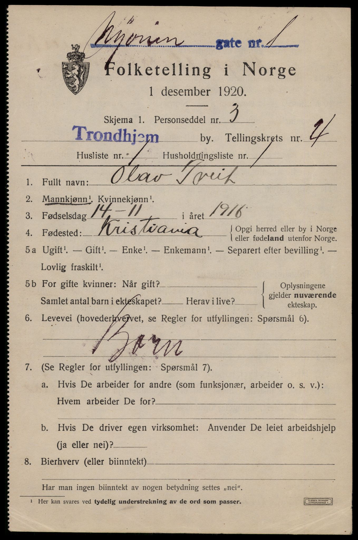 SAT, 1920 census for Trondheim, 1920, p. 36890