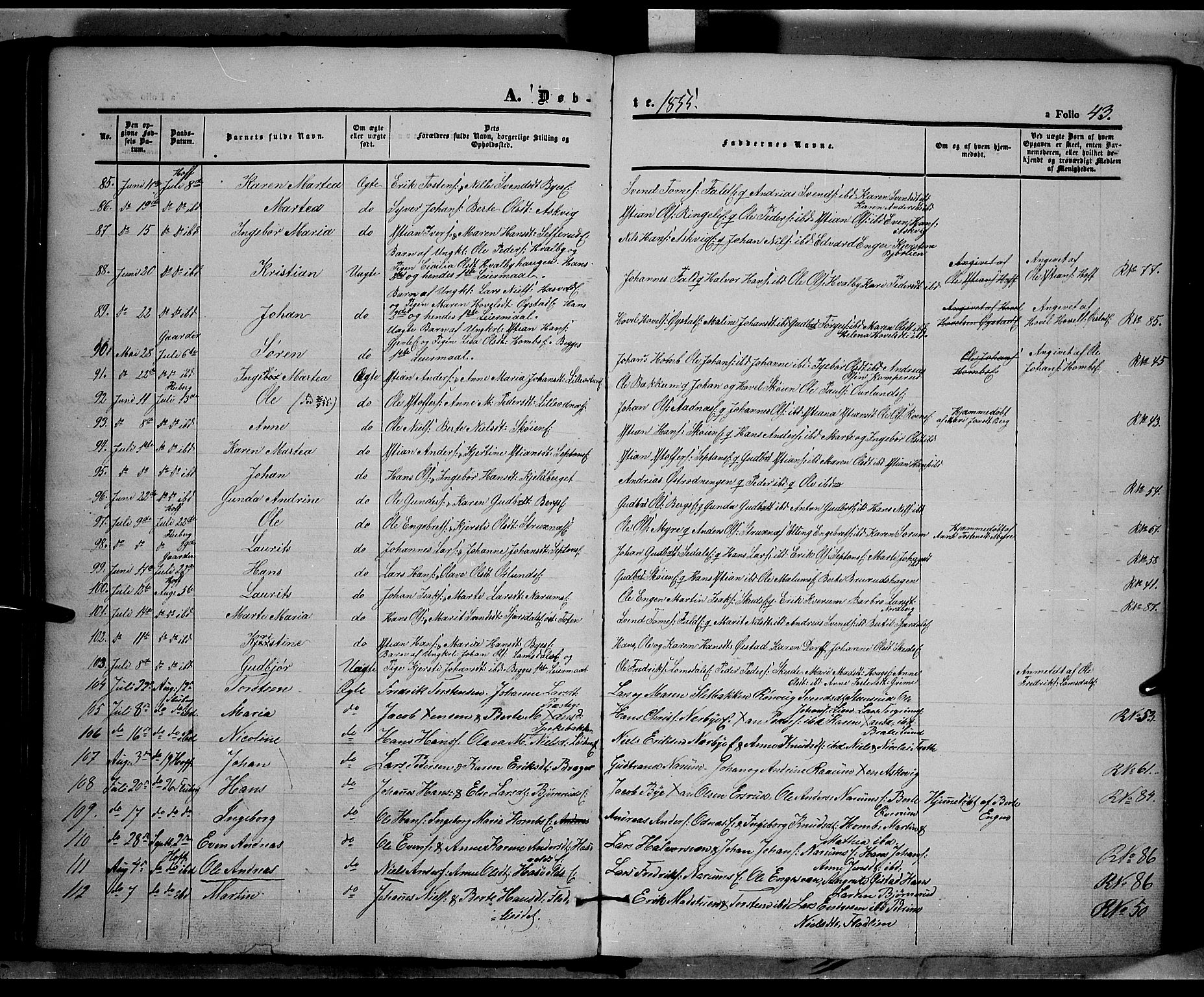 Land prestekontor, AV/SAH-PREST-120/H/Ha/Haa/L0009: Parish register (official) no. 9, 1847-1859, p. 43