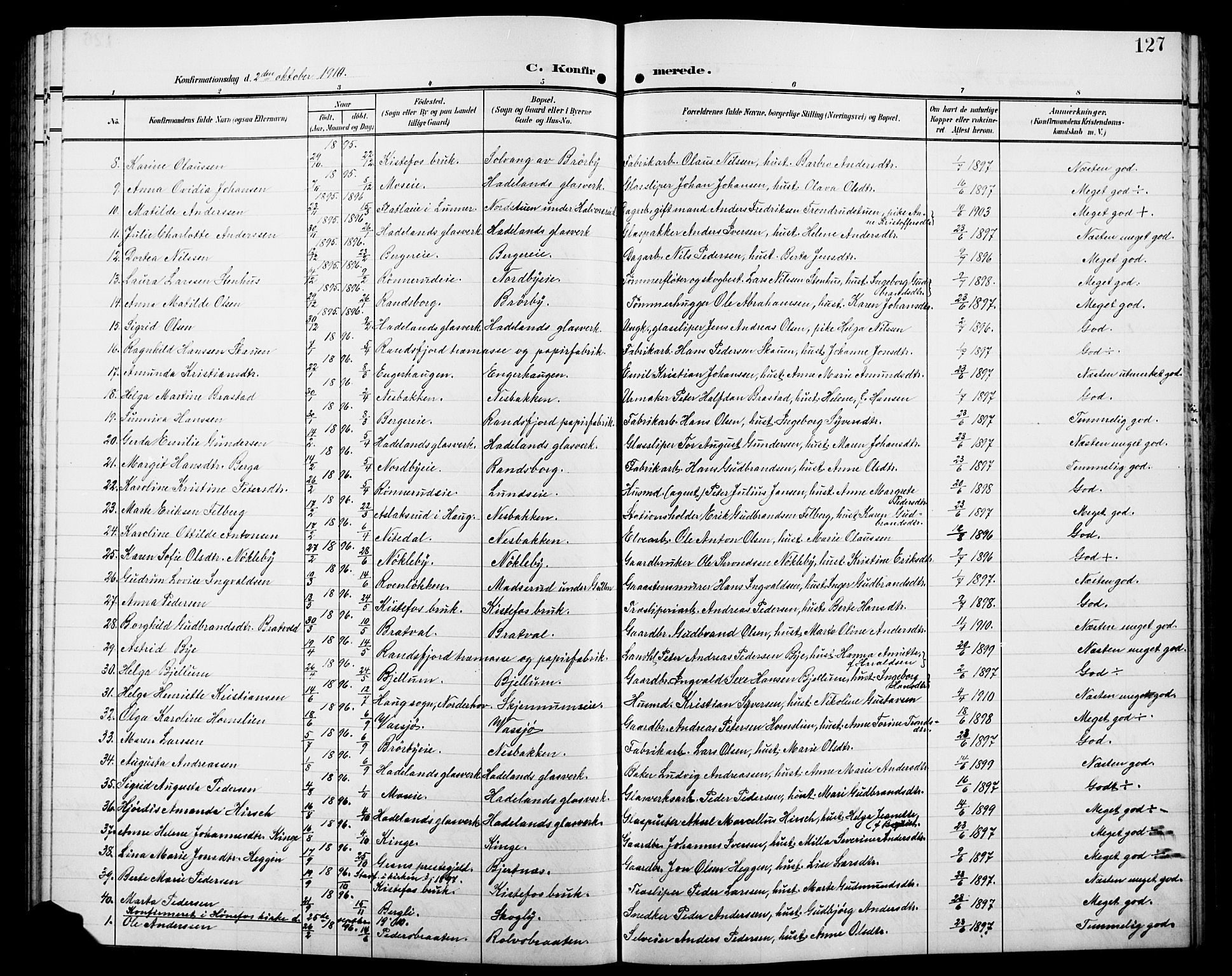 Jevnaker prestekontor, SAH/PREST-116/H/Ha/Hab/L0004: Parish register (copy) no. 4, 1907-1918, p. 127