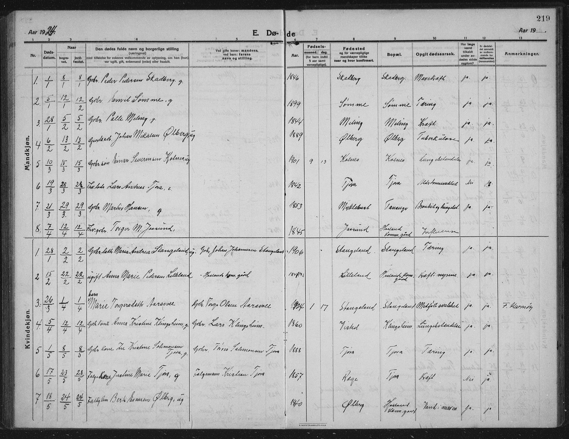 Håland sokneprestkontor, SAST/A-101802/002/C/L0001: Parish register (official) no. A 14, 1913-1927, p. 219