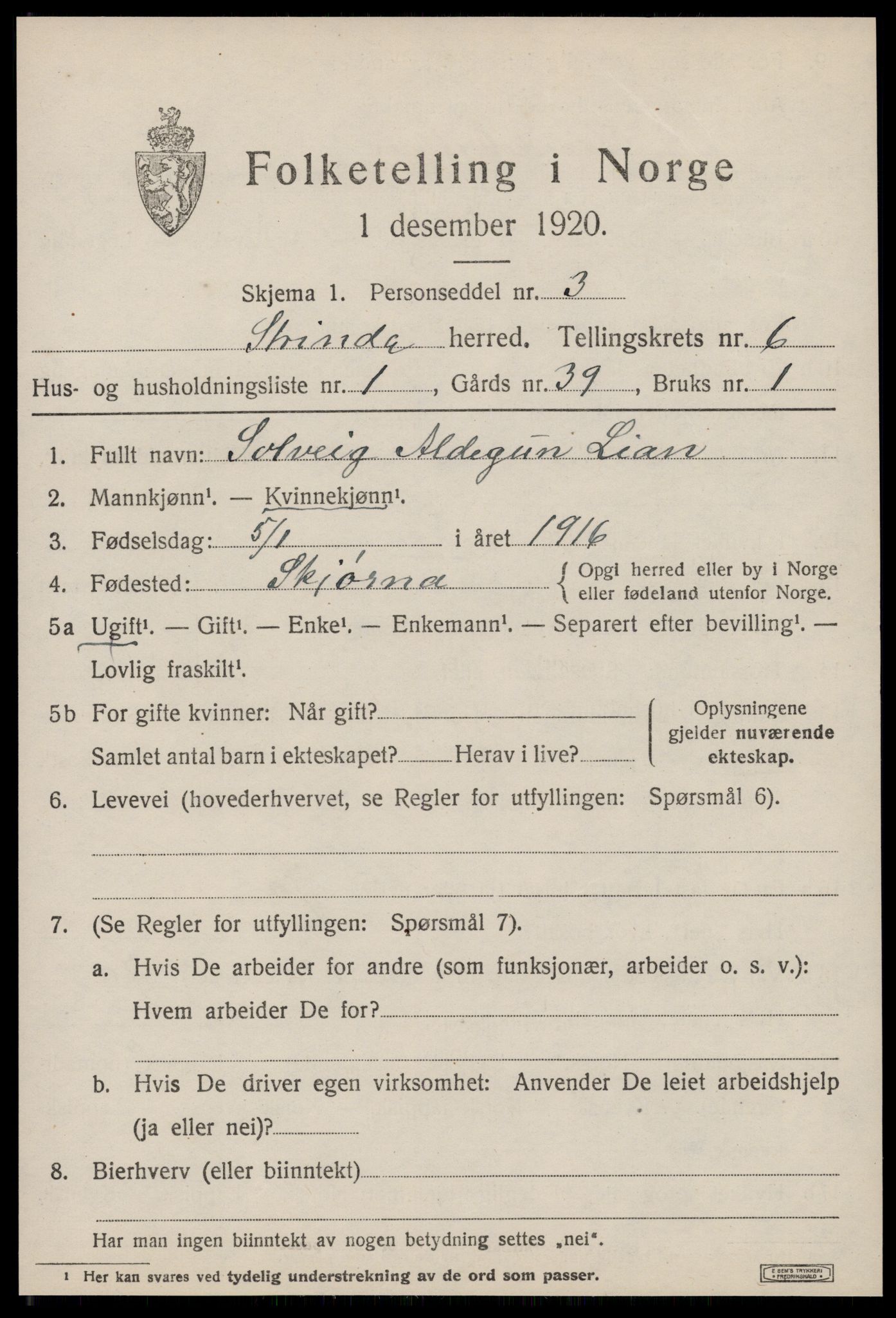 SAT, 1920 census for Strinda, 1920, p. 14454