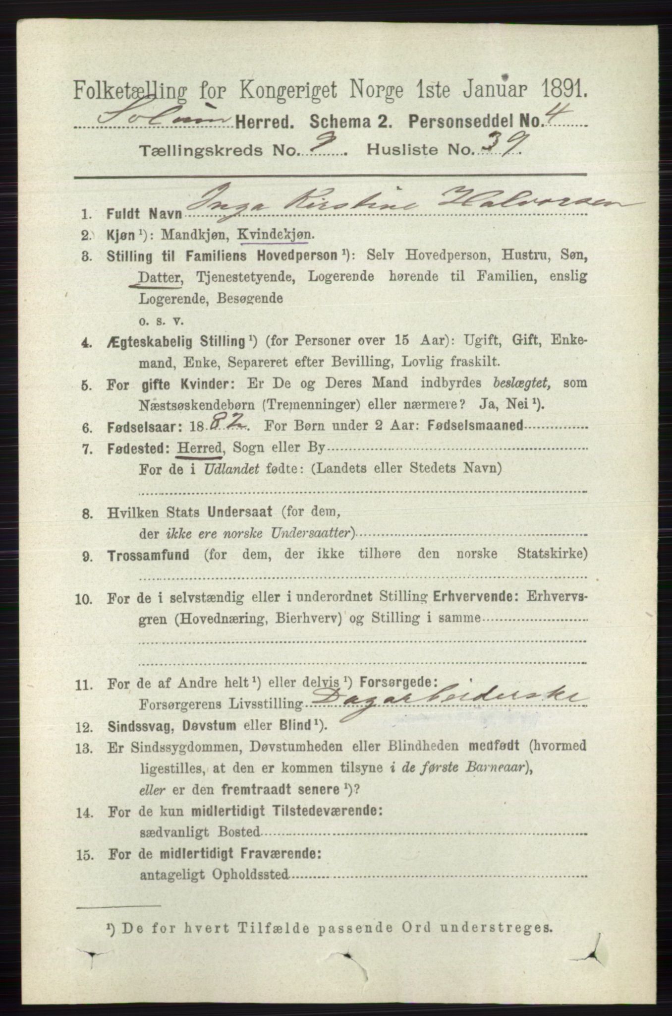 RA, 1891 census for 0818 Solum, 1891, p. 2183