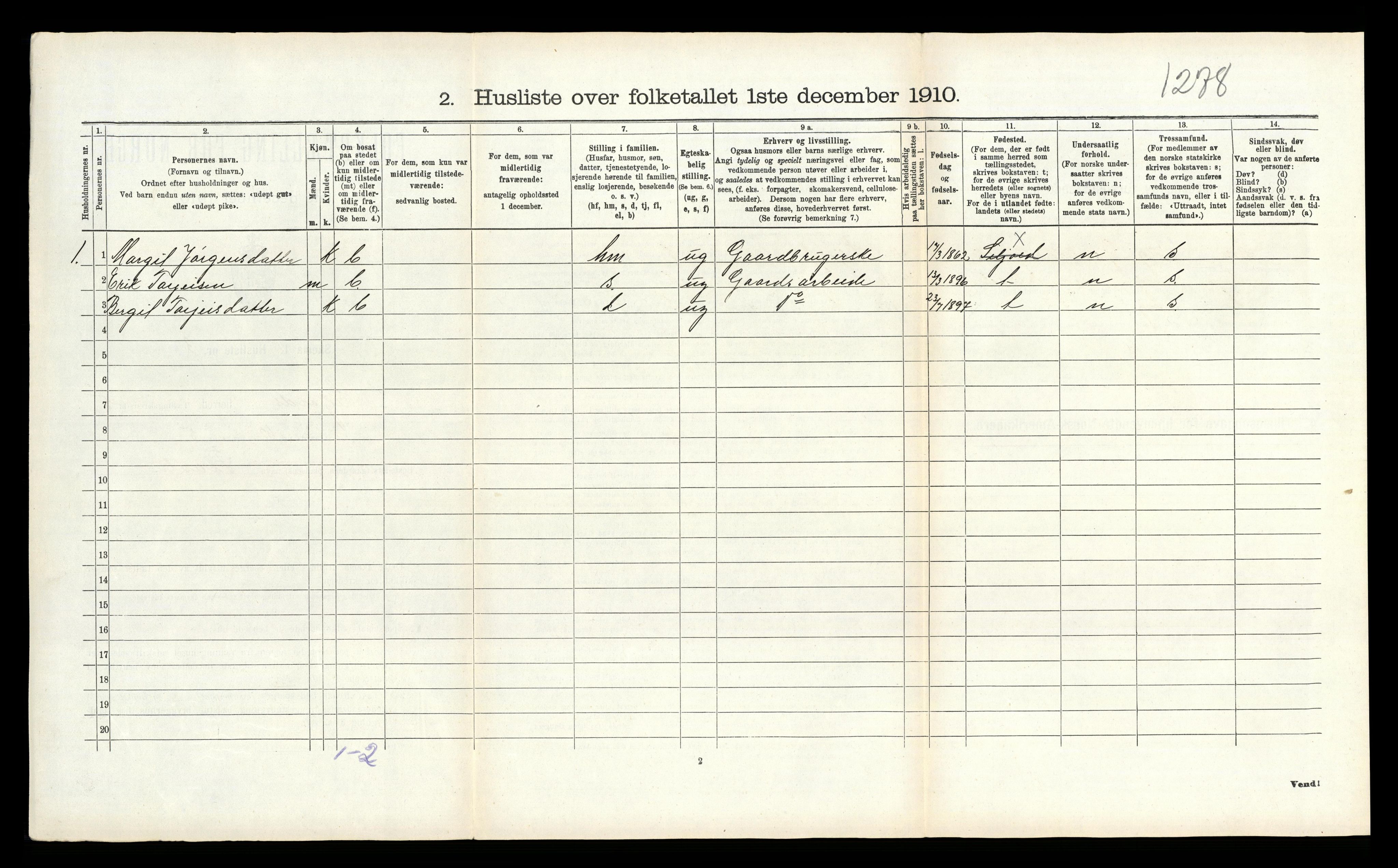 RA, 1910 census for Seljord, 1910, p. 358