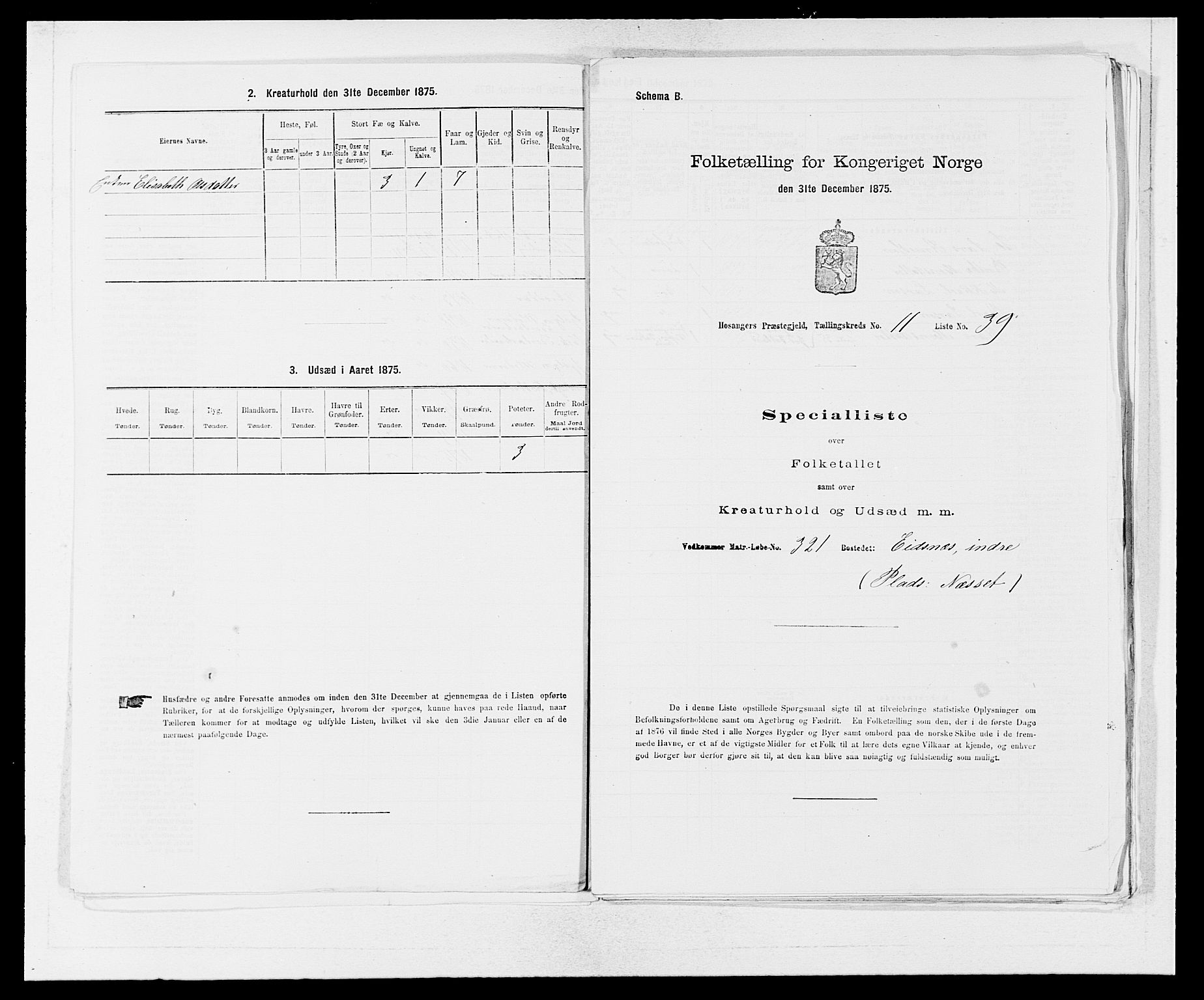 SAB, 1875 census for 1253P Hosanger, 1875, p. 851