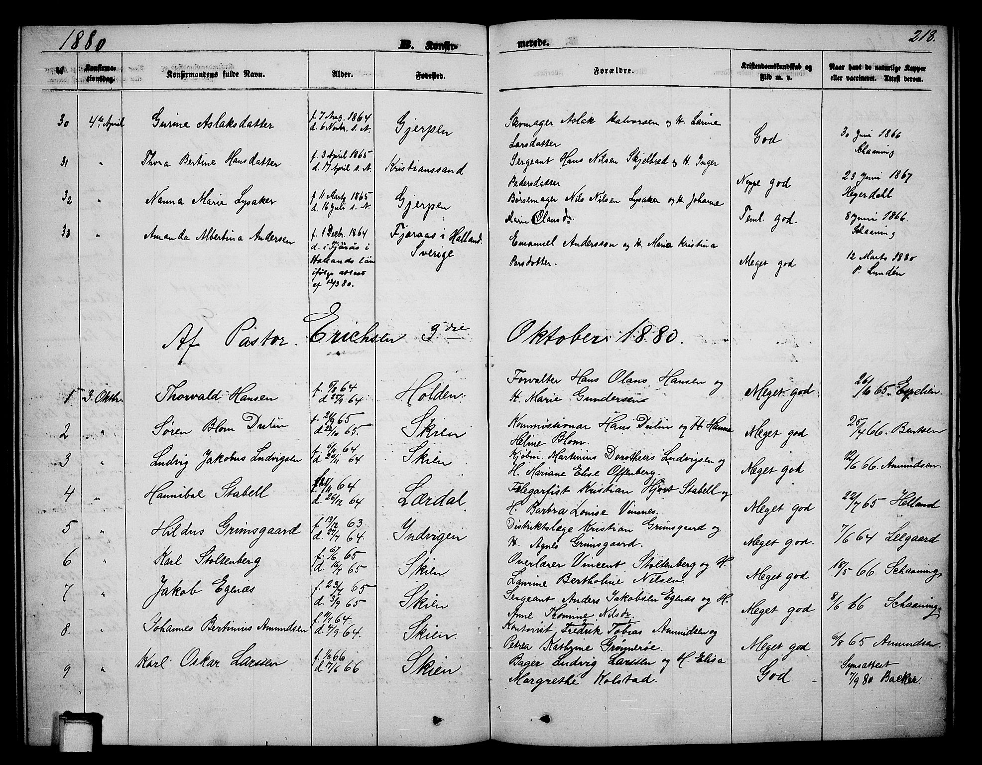 Skien kirkebøker, AV/SAKO-A-302/G/Ga/L0005: Parish register (copy) no. 5, 1868-1880, p. 218