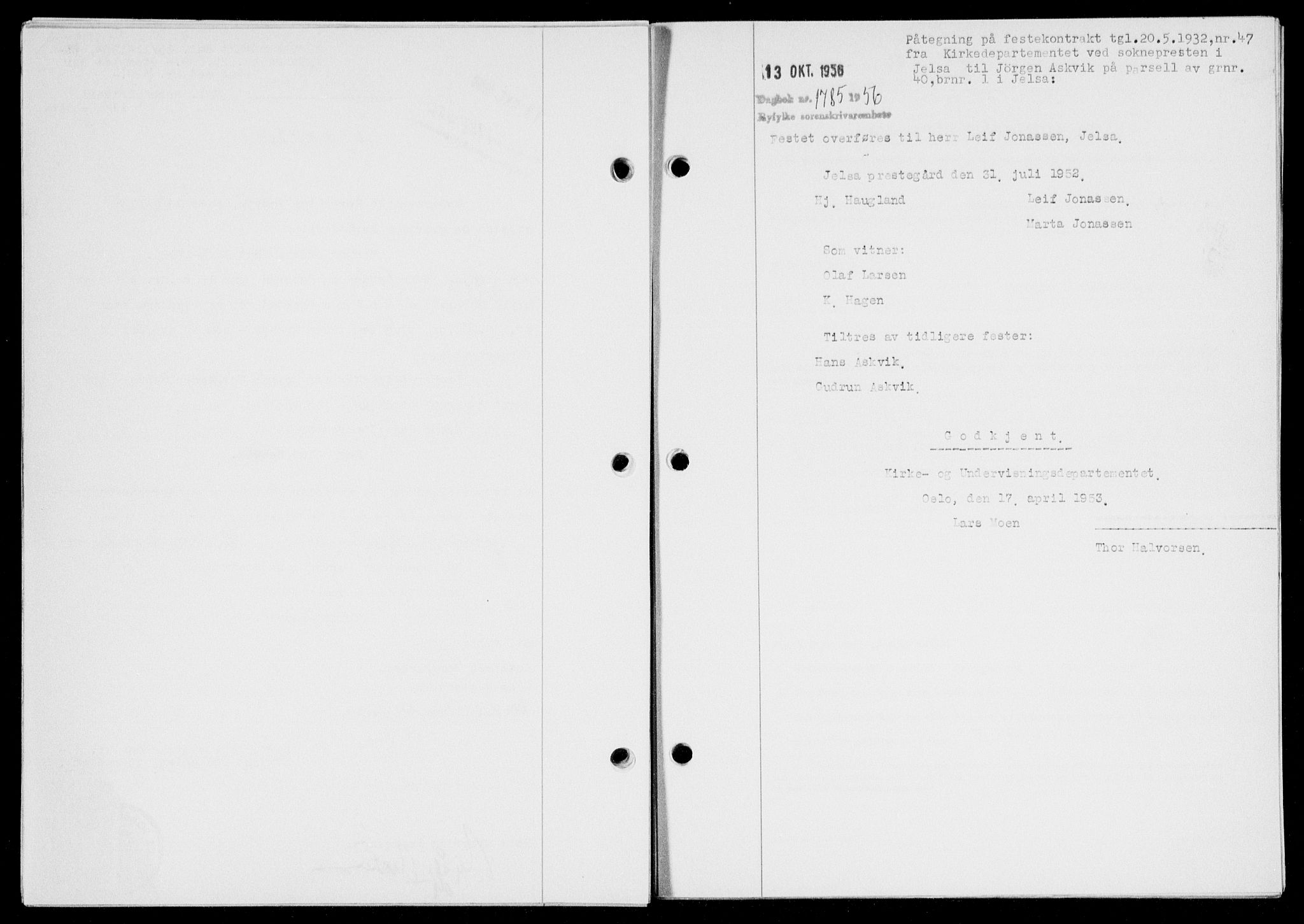 Ryfylke tingrett, SAST/A-100055/001/II/IIB/L0134: Mortgage book no. 113, 1956-1956, Diary no: : 1785/1956