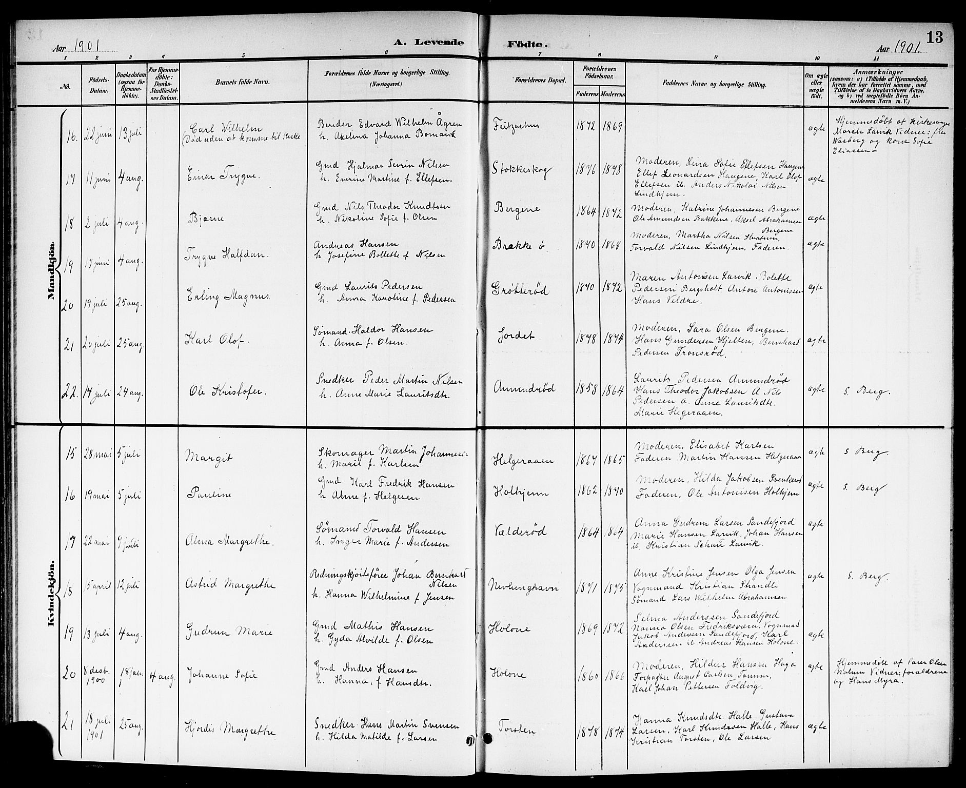 Brunlanes kirkebøker, SAKO/A-342/G/Ga/L0004: Parish register (copy) no. I 4, 1898-1921, p. 13