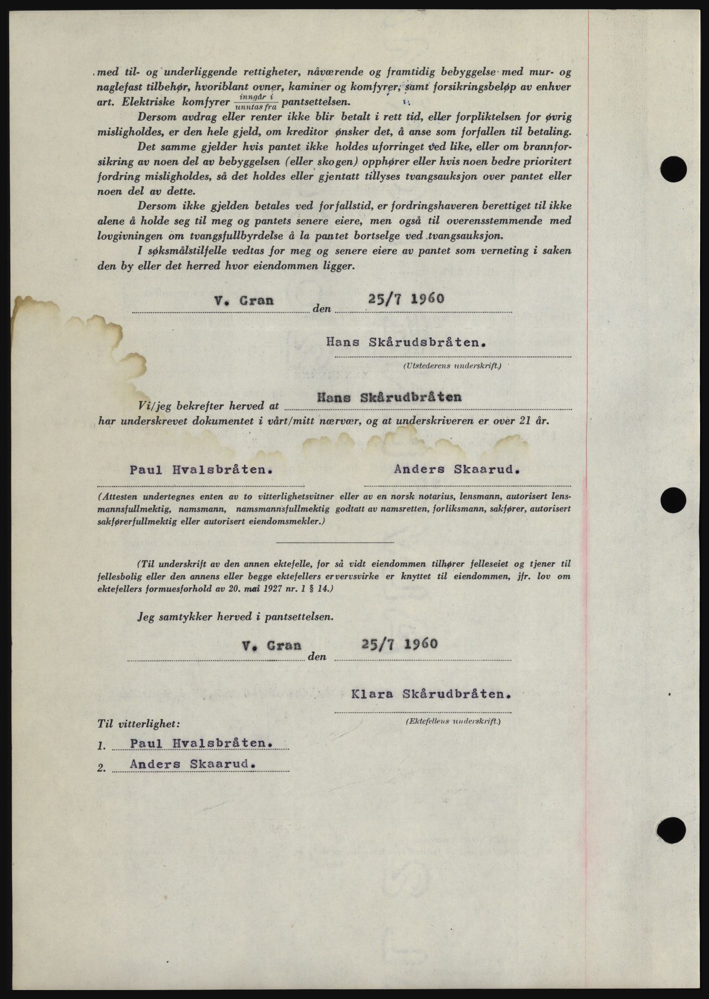 Hadeland og Land tingrett, SAH/TING-010/H/Hb/Hbc/L0043: Mortgage book no. B43, 1960-1960, Diary no: : 2800/1960