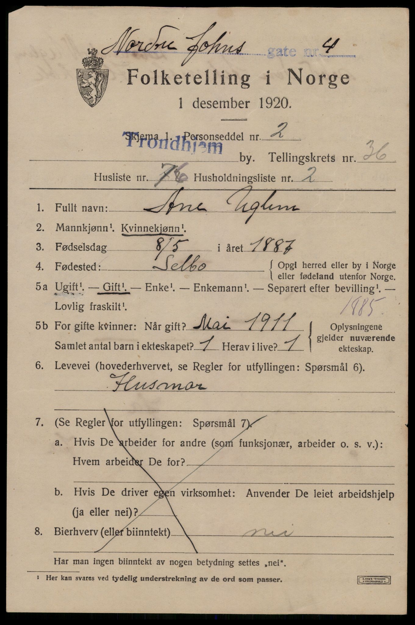 SAT, 1920 census for Trondheim, 1920, p. 84524