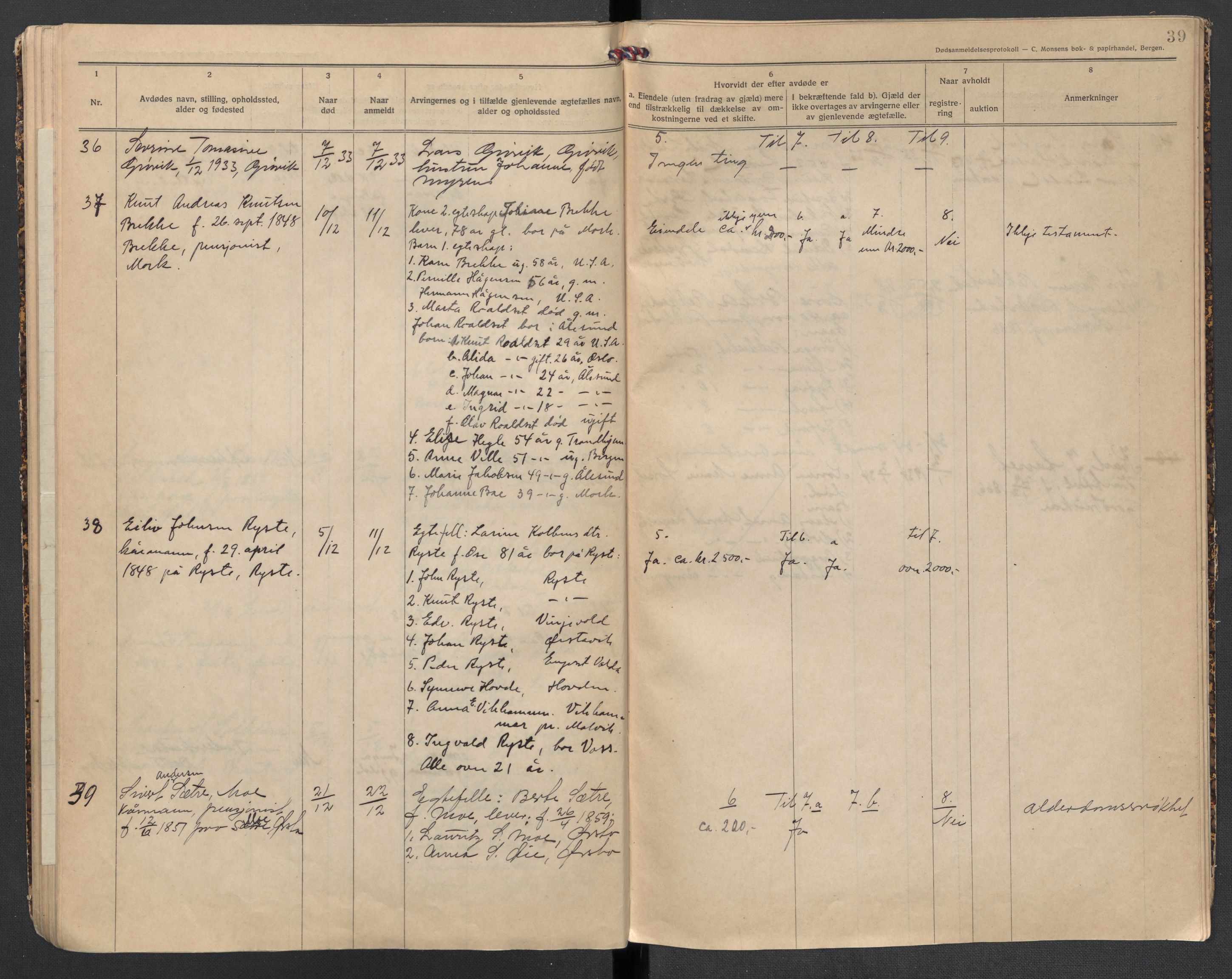 Ørsta lensmannskontor, AV/SAT-A-5670/1/02/L0002: 2.1.02 - Dødsfallsprotokoll, 1924-1933, p. 39