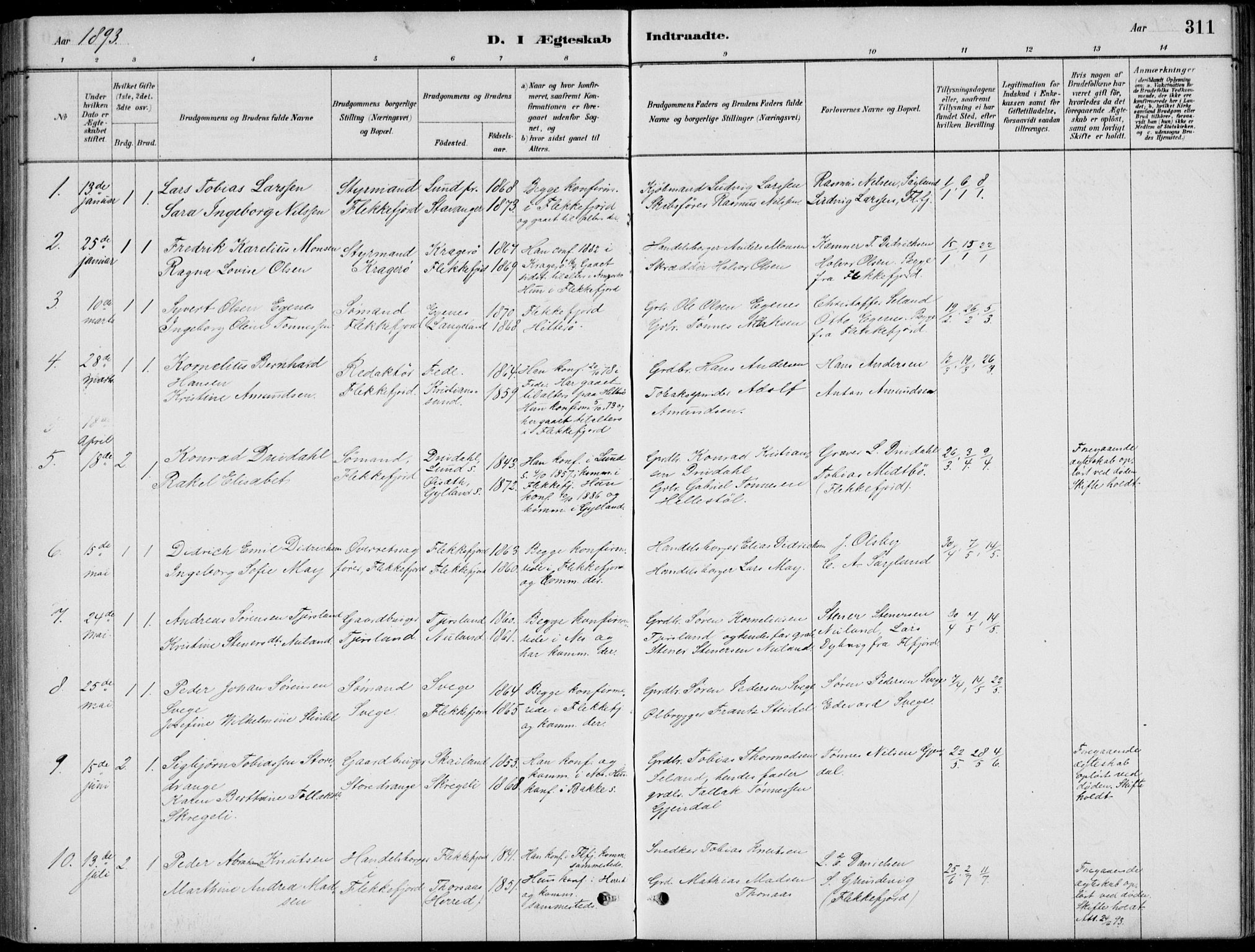 Flekkefjord sokneprestkontor, SAK/1111-0012/F/Fb/Fbc/L0007: Parish register (copy) no. B 7, 1880-1902, p. 311