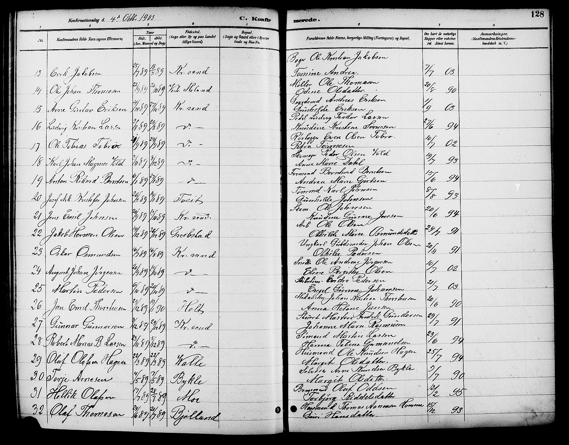 Kristiansand domprosti, SAK/1112-0006/F/Fb/L0017: Parish register (copy) no. B 17, 1893-1906, p. 128