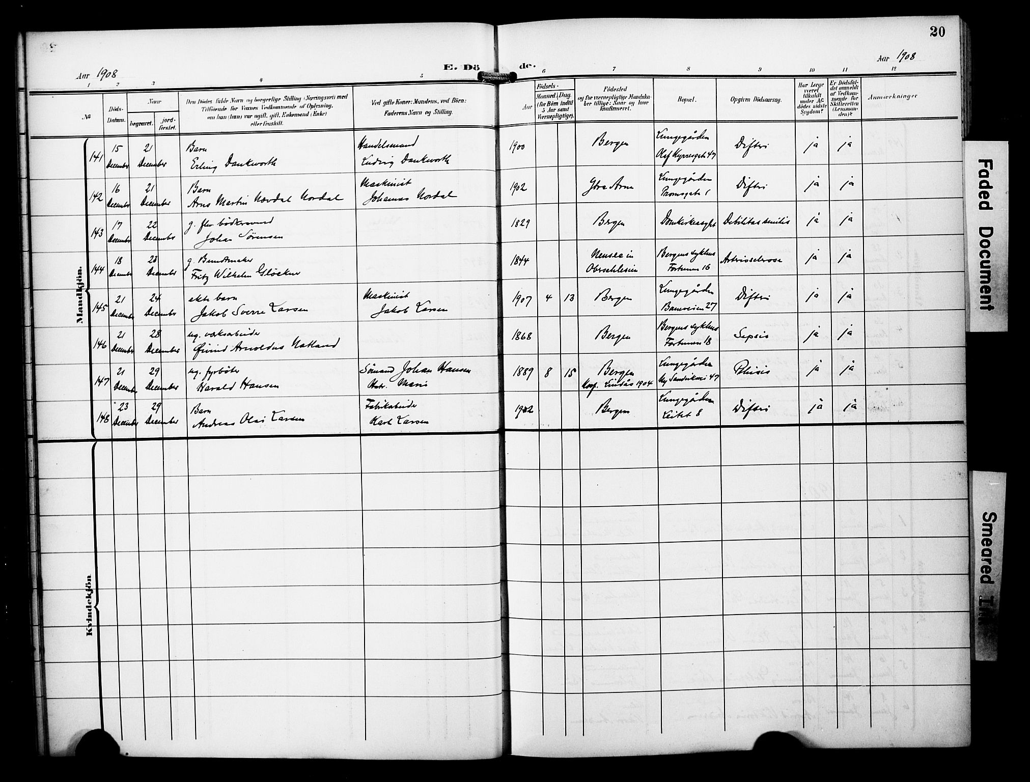 Bergen kommunale pleiehjem - stiftelsespresten, AV/SAB-A-100281: Parish register (official) no. A 6, 1908-1920, p. 20