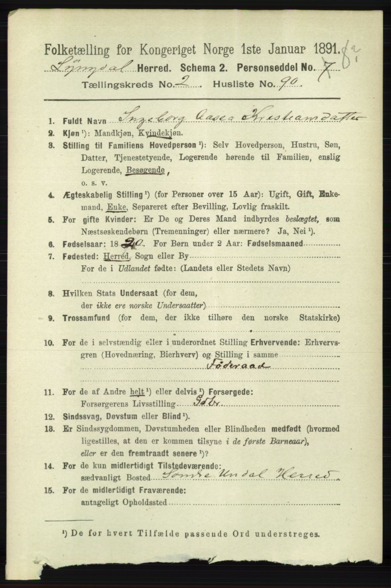 RA, 1891 census for 1032 Lyngdal, 1891, p. 1027