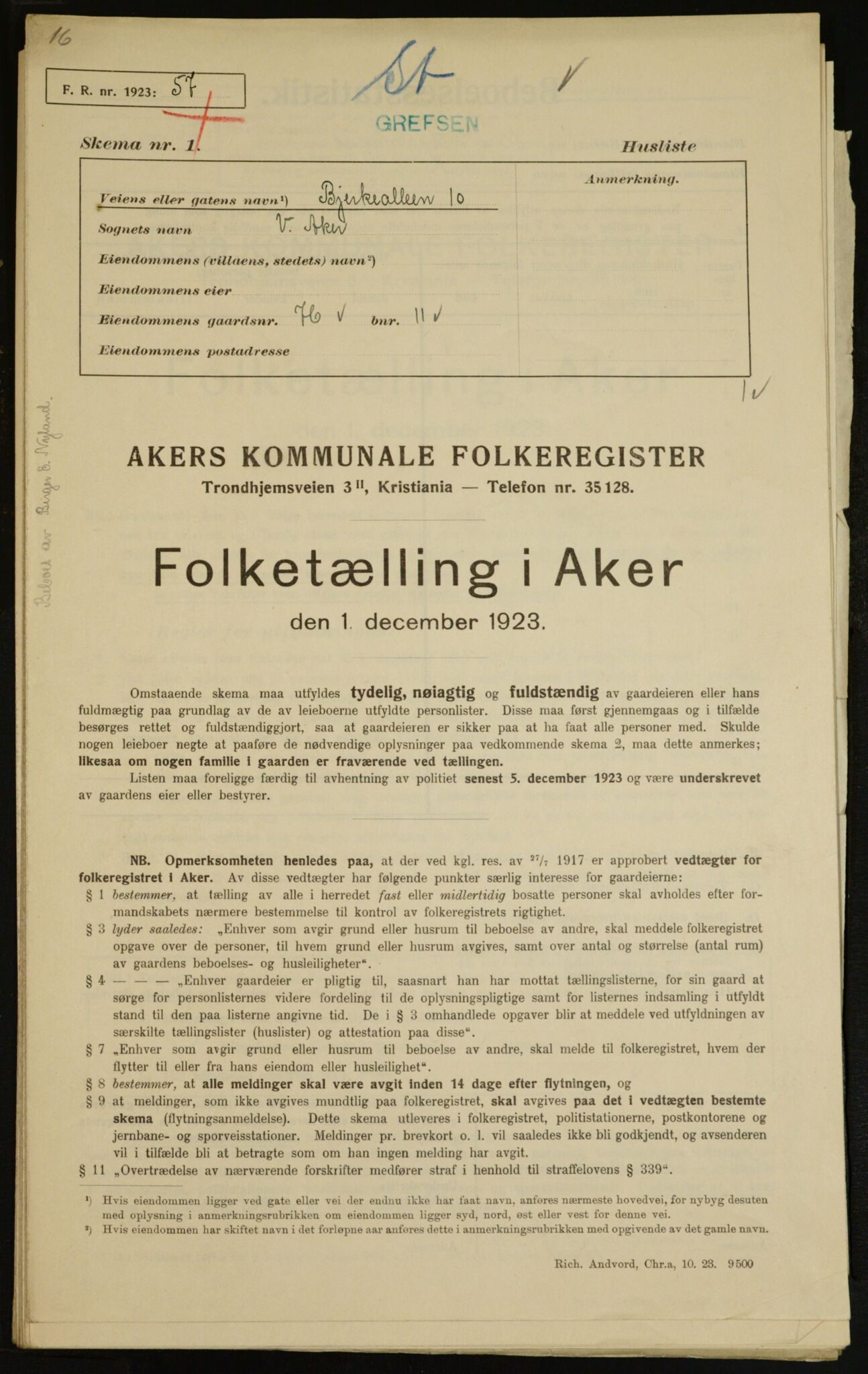 , Municipal Census 1923 for Aker, 1923, p. 7785