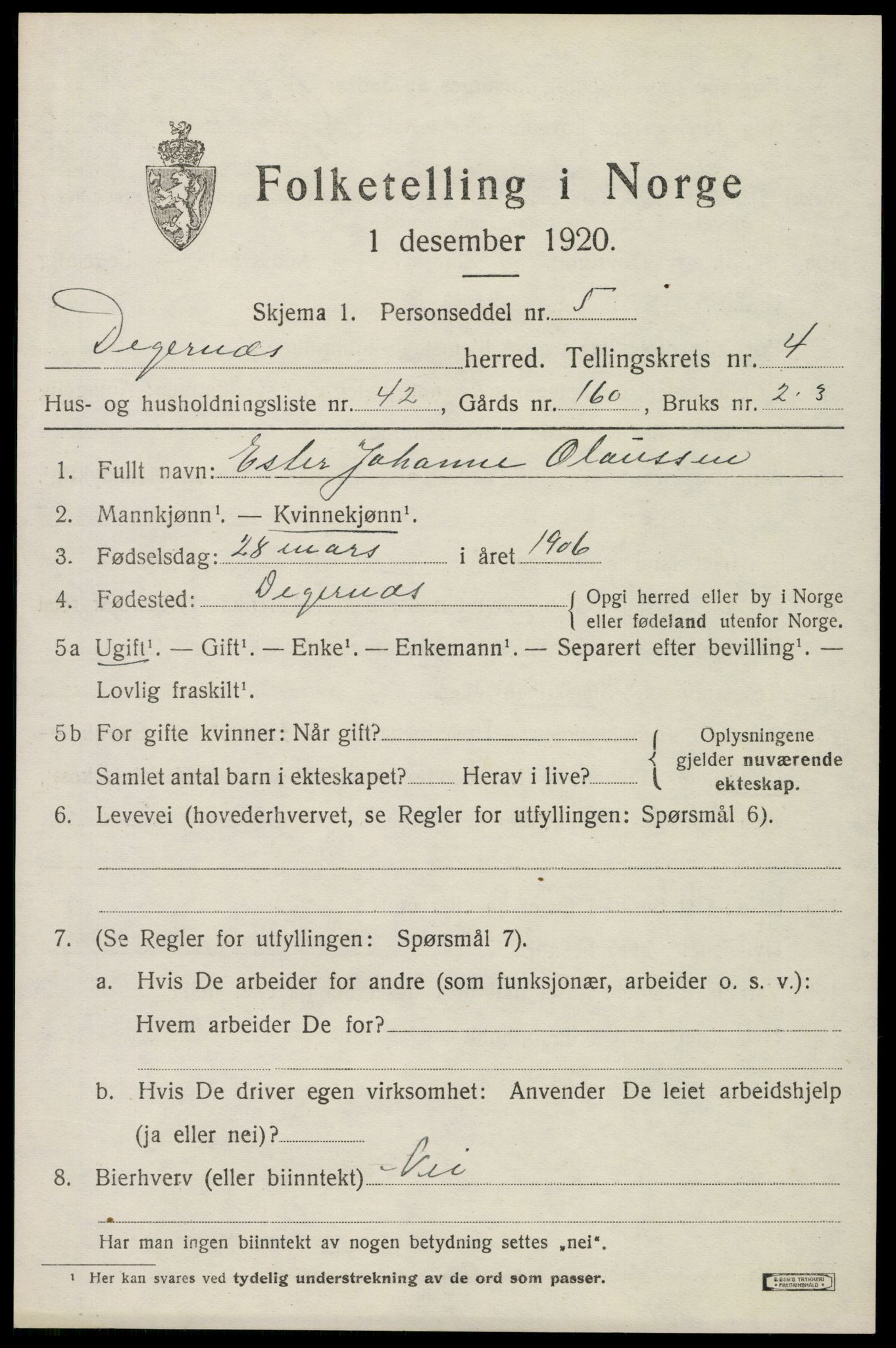 SAO, 1920 census for Degernes, 1920, p. 2724