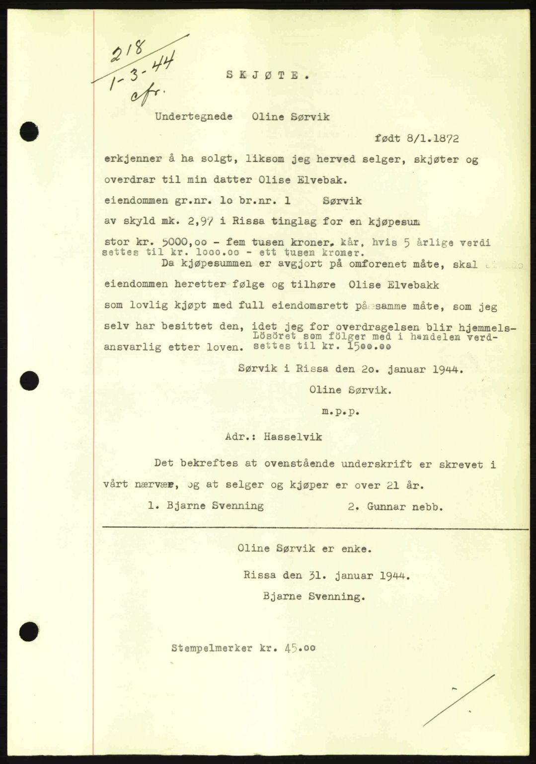 Fosen sorenskriveri, AV/SAT-A-1107/1/2/2C: Mortgage book no. A3, 1943-1945, Diary no: : 218/1944
