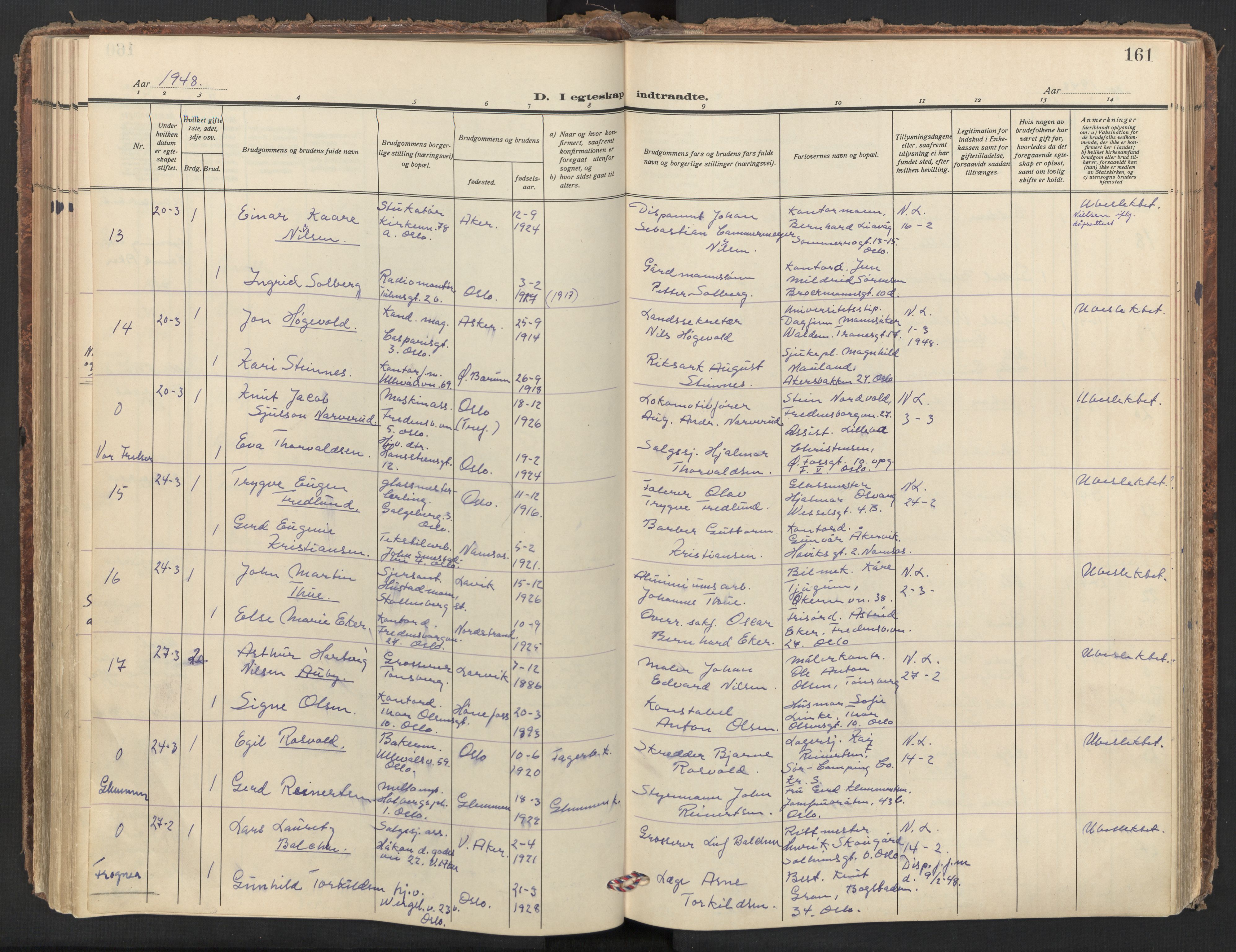 Trefoldighet prestekontor Kirkebøker, AV/SAO-A-10882/F/Fc/L0010: Parish register (official) no. III 10, 1936-1954, p. 161