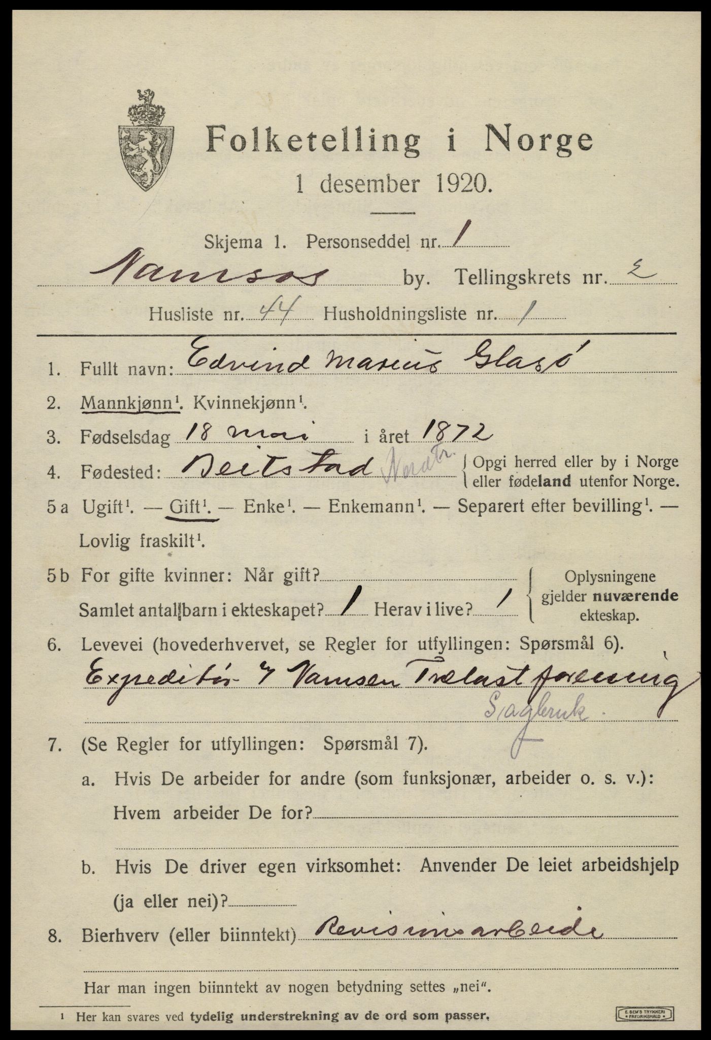SAT, 1920 census for Namsos, 1920, p. 3715