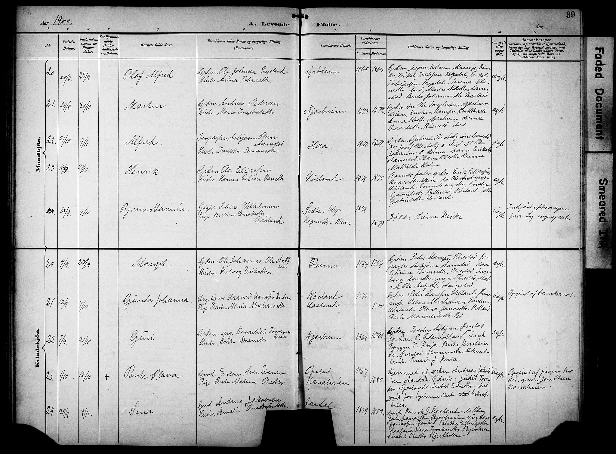 Hå sokneprestkontor, AV/SAST-A-101801/001/30BB/L0005: Parish register (copy) no. B 5, 1894-1912, p. 39