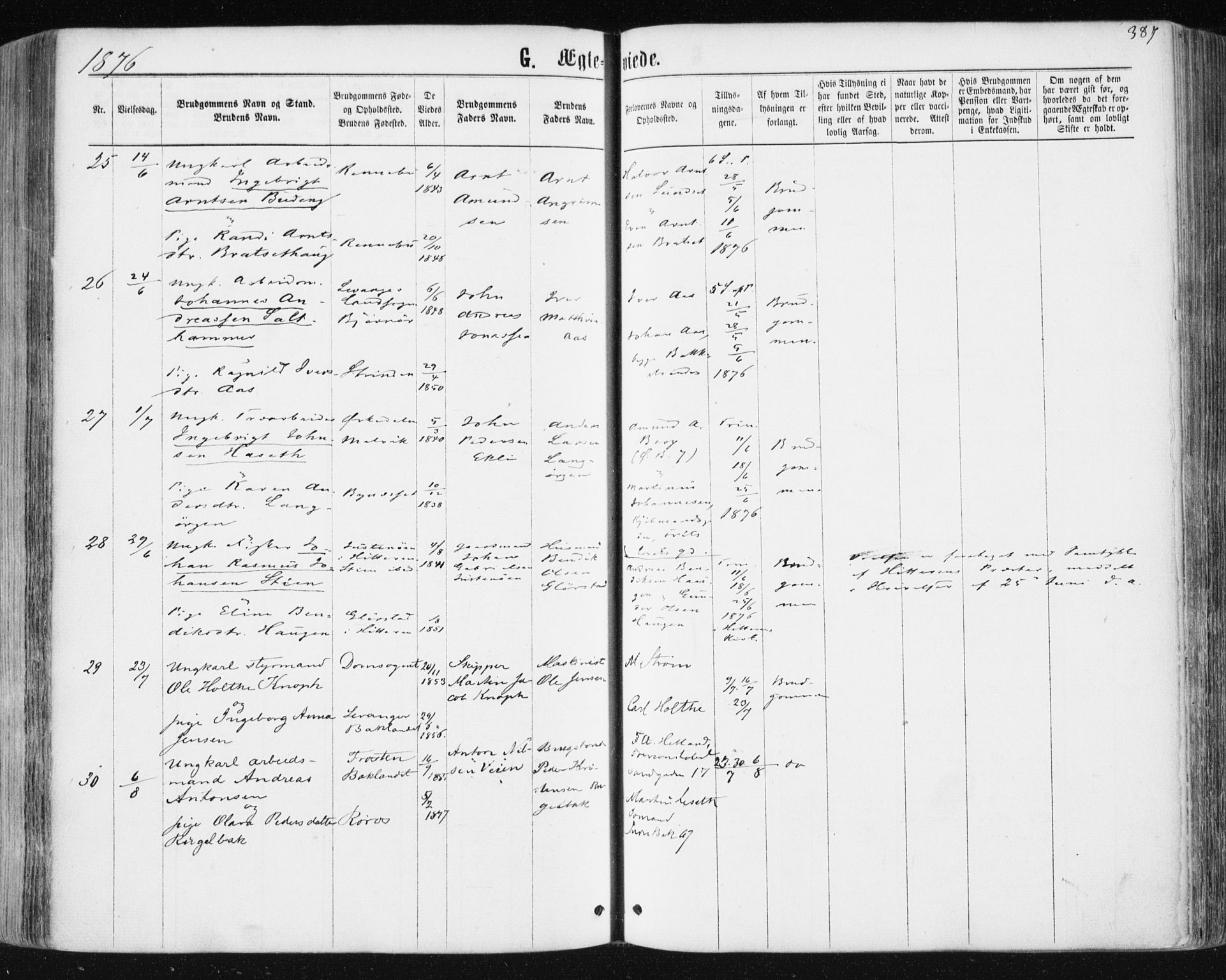 Ministerialprotokoller, klokkerbøker og fødselsregistre - Sør-Trøndelag, AV/SAT-A-1456/604/L0186: Parish register (official) no. 604A07, 1866-1877, p. 387