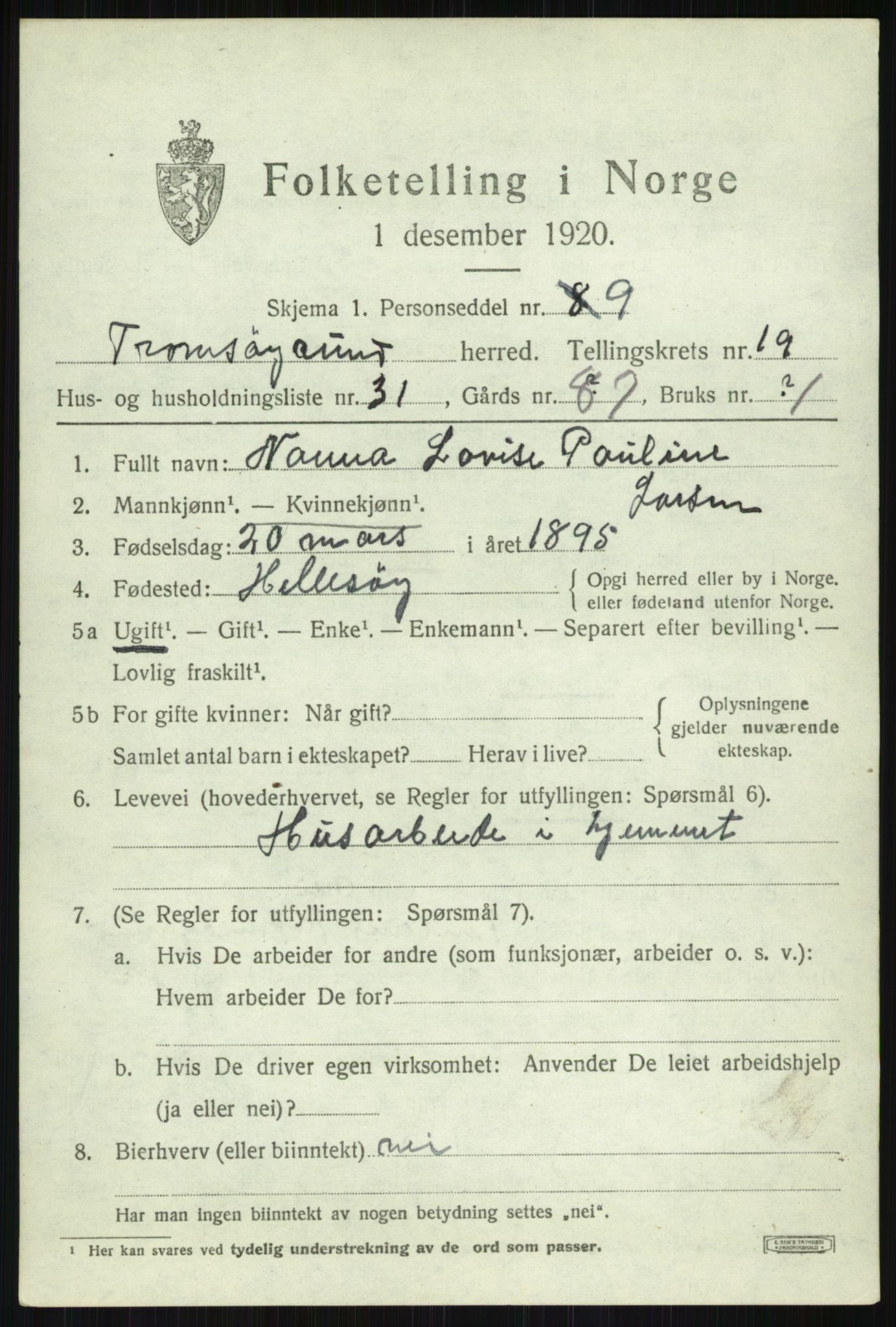 SATØ, 1920 census for Tromsøysund, 1920, p. 10566