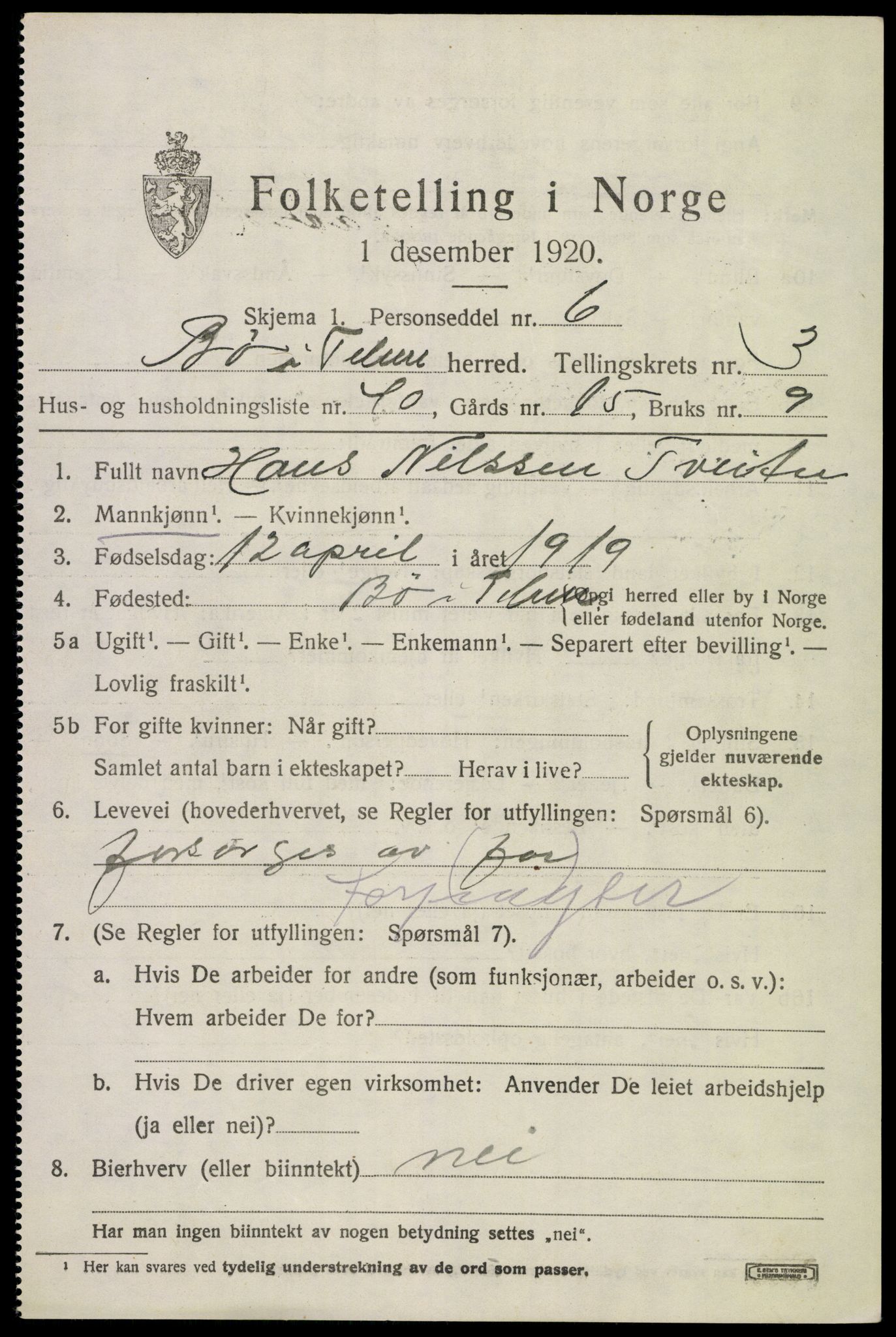 SAKO, 1920 census for Bø (Telemark), 1920, p. 3120