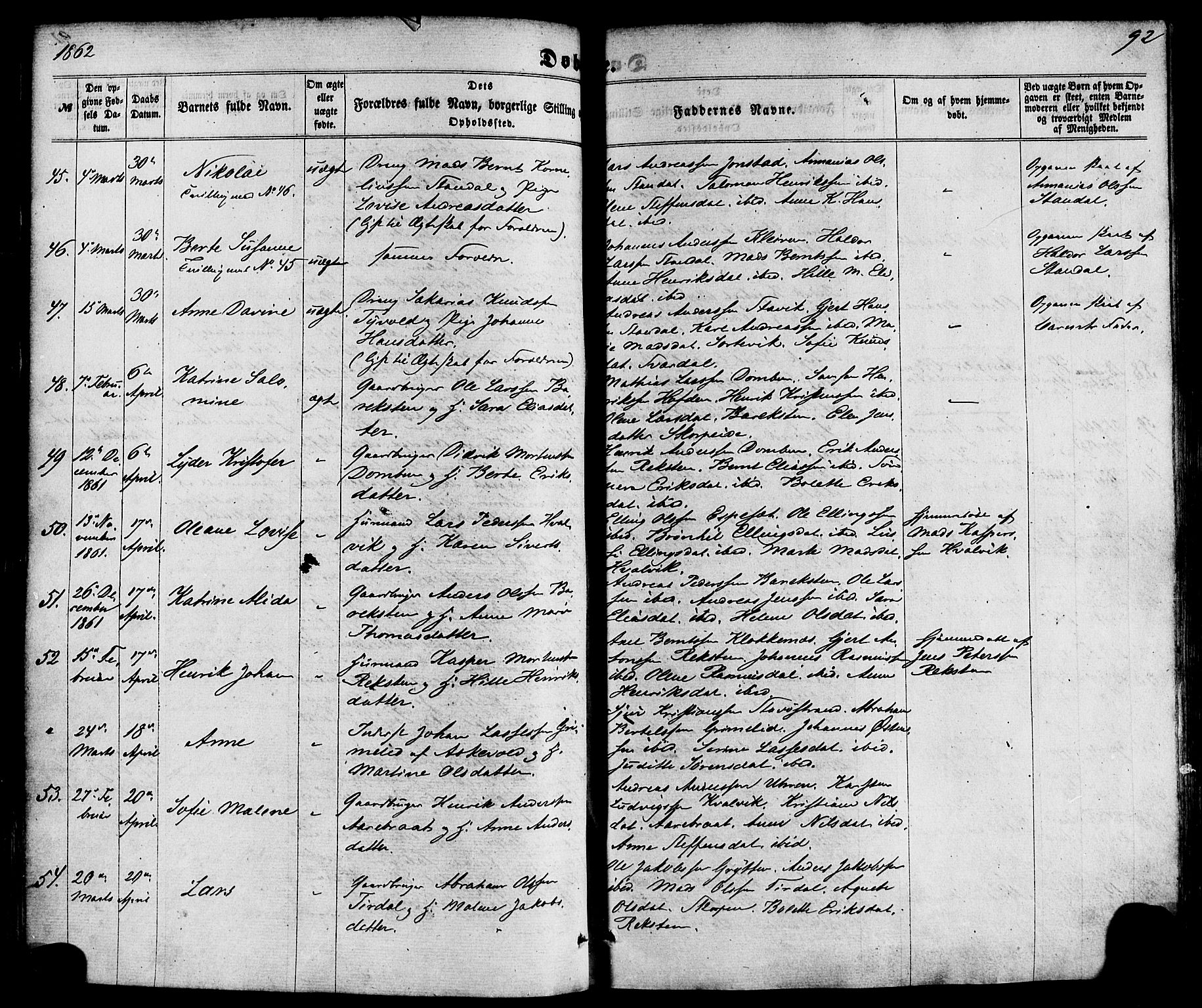 Kinn sokneprestembete, AV/SAB-A-80801/H/Haa/Haaa/L0006: Parish register (official) no. A 6, 1857-1885, p. 92