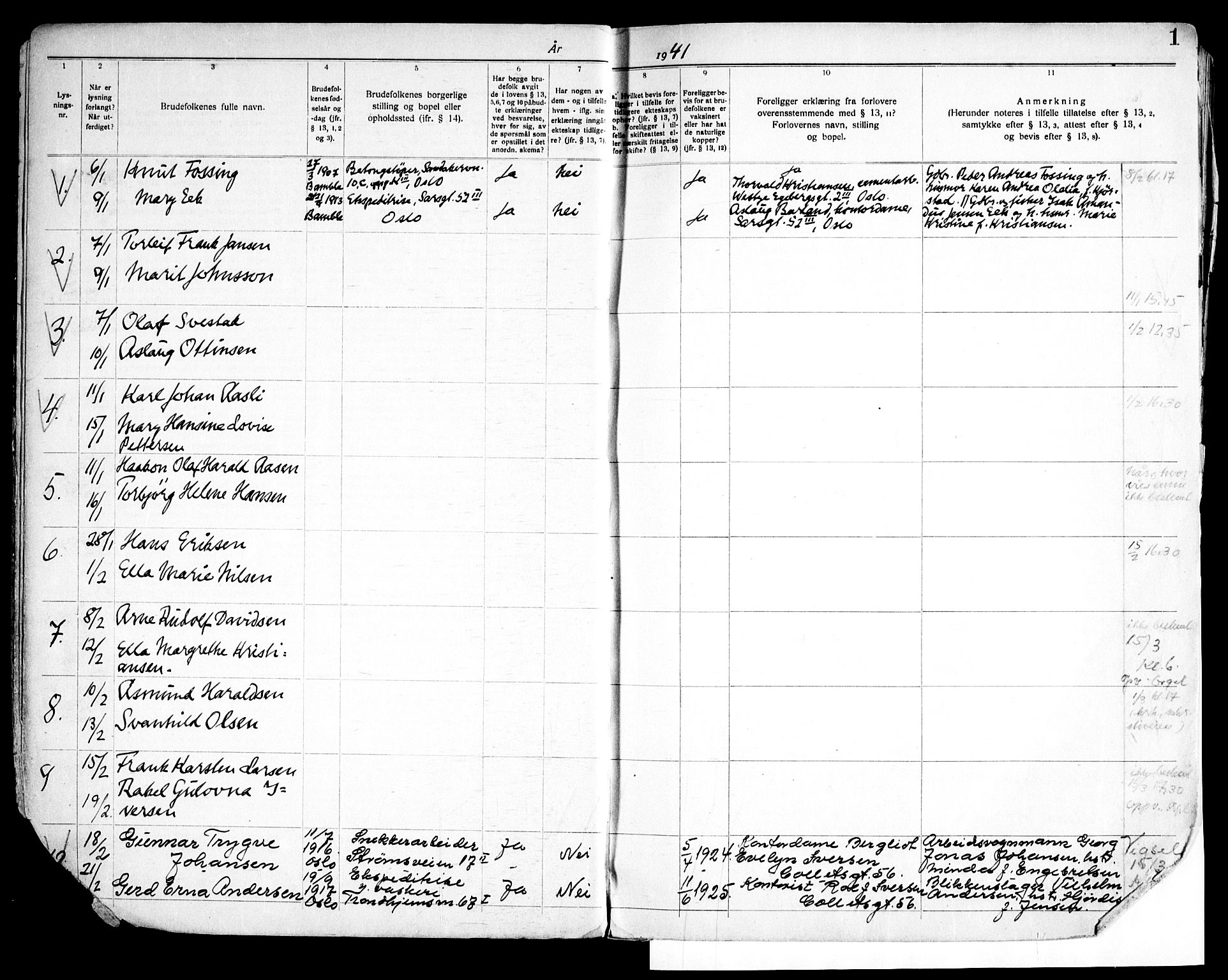 Petrus prestekontor Kirkebøker, SAO/A-10872/H/Ha/L0004: Banns register no. 4, 1941-1950, p. 1