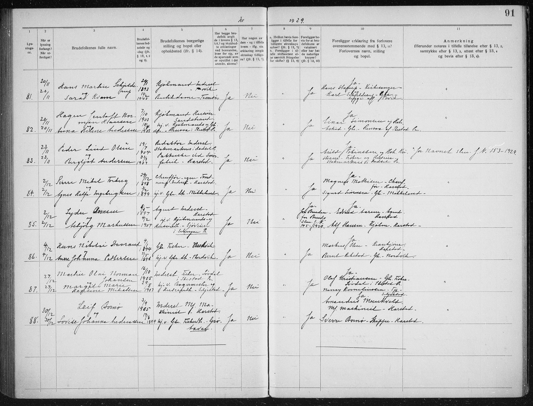 Trondenes sokneprestkontor, AV/SATØ-S-1319/I/Ib/L0099: Banns register no. 99, 1919-1930, p. 91